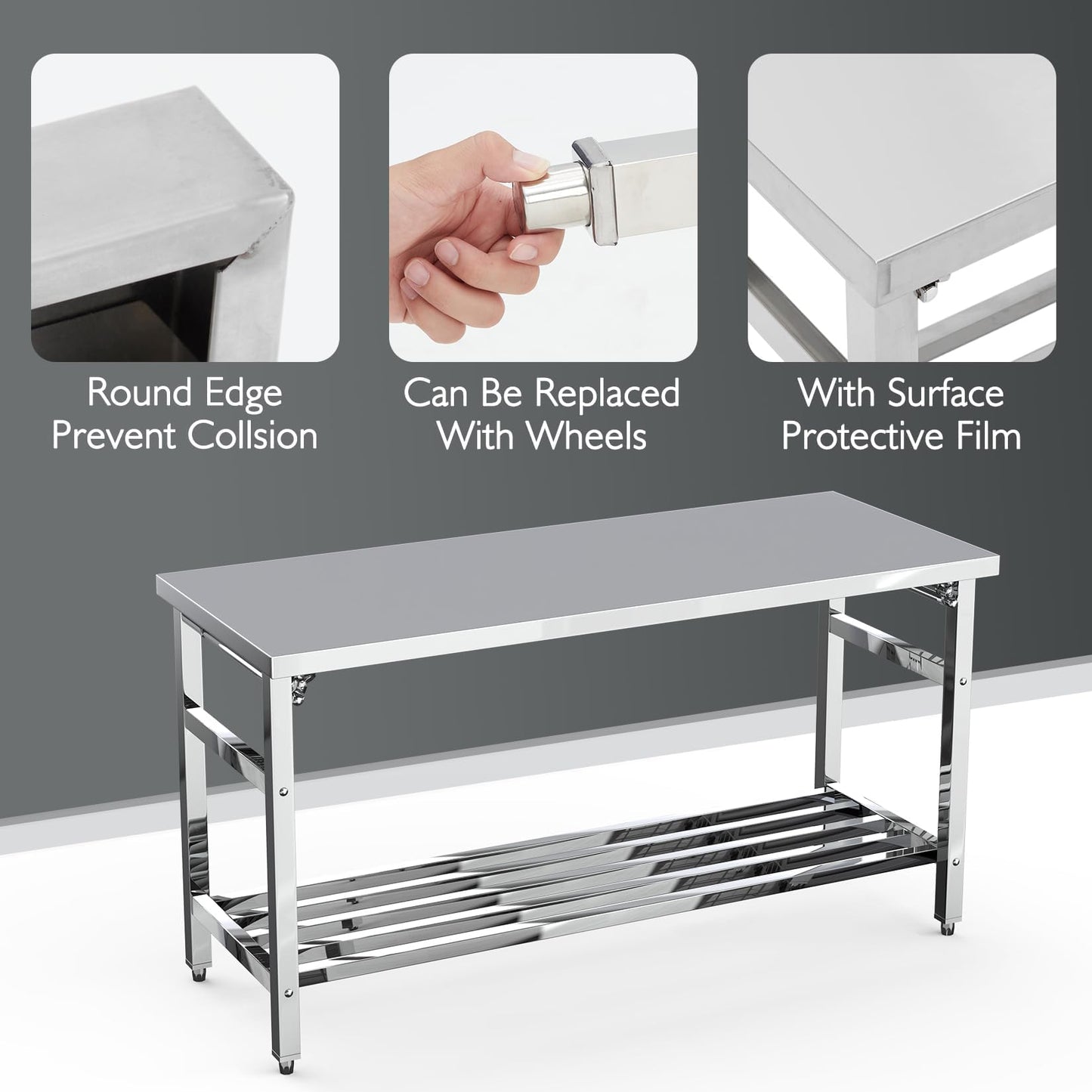 60" X 24" Stainless Steel Folding Table, NSF Commercial Work Table, Heavy Duty Prep Table with Adjustable Undershelf for Restaurant, Kitchen, Food Service, Space-Saving, No Installation Required
