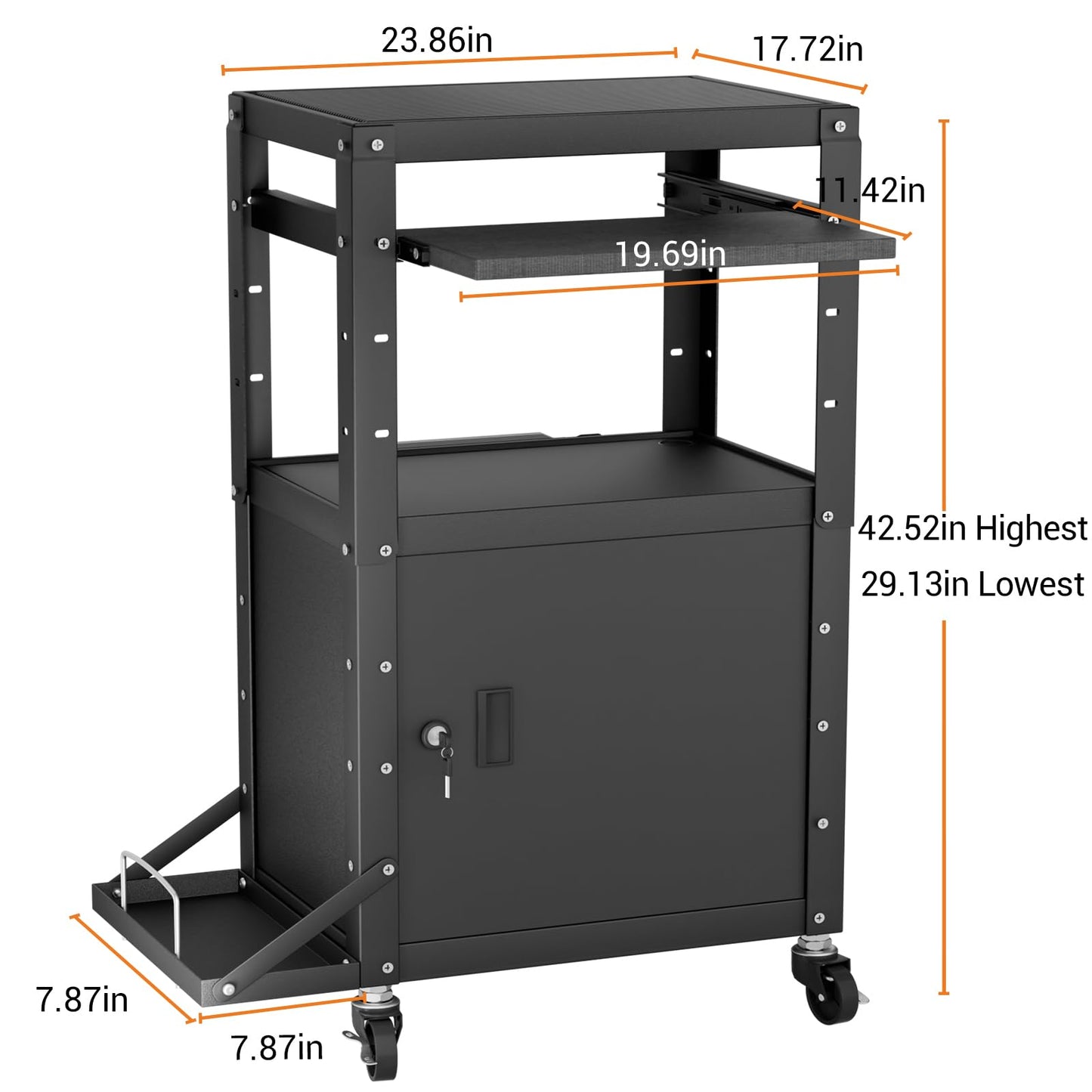 Mobile AV Cart with Side Shelves, Rolling Computer Cart Height Adjustable Rolling Media Utility Cart with Pullout Keyboard Tray Extra Storage Space, 4 Outlets, Perfect for Home or Office Use