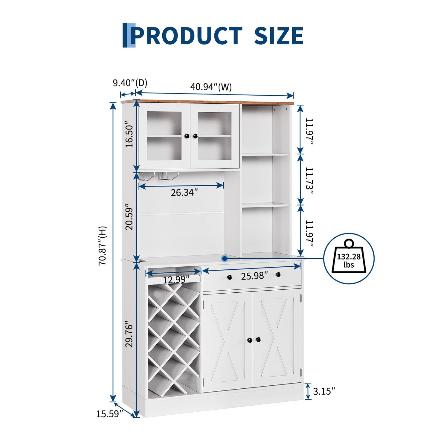71" Kitchen Pantry Cabinet with Wine Bottle Rack and Charging Station Tall Pantry Storage Cabinet with Adjustable Shelves and Door Shelves Modern Kitchen Hutch with Microwave Stand and Countertop