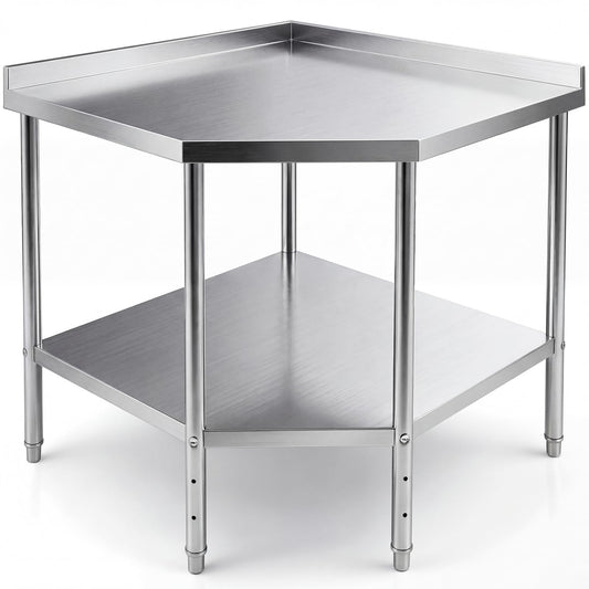 BreezeHug 36" x 36" Stainless Steel Corner Work Table Food Prep Tables for Commercial Kitchen Metal Heavy Duty Cooking Chef Workbench with Backsplash and Adjustable Shelf for Restaurant or Home