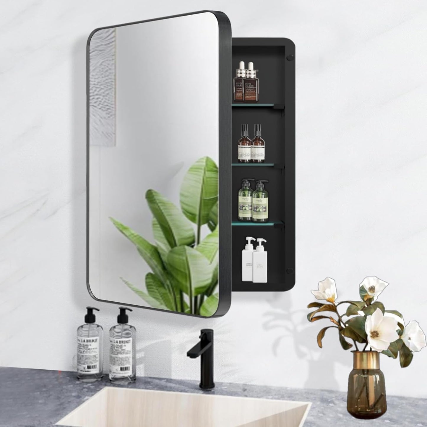 HESONTH Medicine Cabinet with Mirror, 20x26 Inch Black Bathroom Mirrored Cabinet, Metal Framed Wall Cabinet with Mirror, Modern Surface Mount or Recessed Medicine Cabinet with Storage