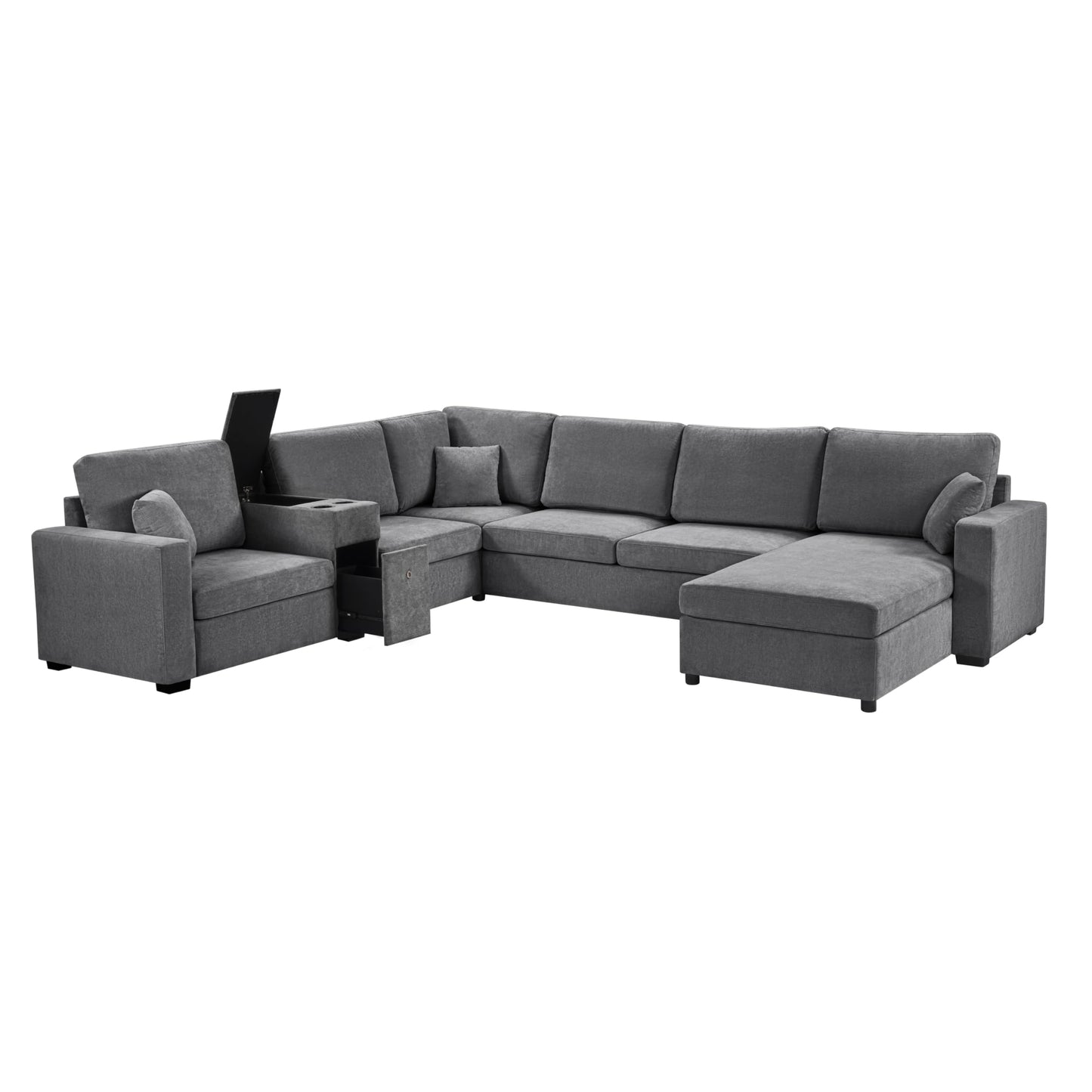 Merax Modern Oversized U-Shaped Sectional Sofa with Piollows & Chaise Lounge, Chenille 5-Seat Couch Set Sleeper Bed with Cup Holders, Storage Drawer for Living Room, Easy Assemble, Gray