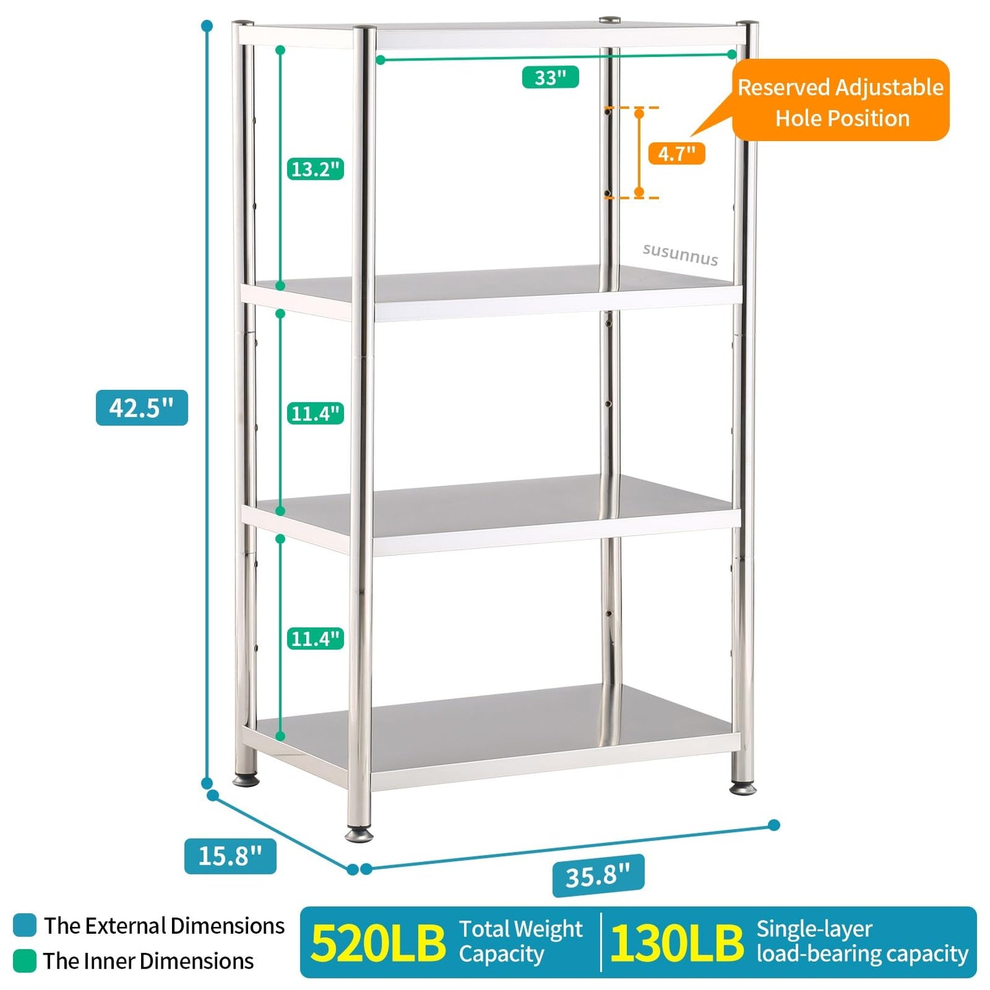 susunnus Stainless Steel Shelves,for Kitchen,Warehouse,35.8 * 15.8-4Tier