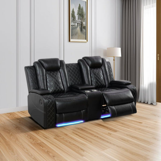 UOCFYK Electric Power Recliner Loveseat Set Living Room Furniture, Comfy Home Theater Breathing Leather Seating with USB 2.0 Charging Ports, LED Light Strips, Mid Console and Cupholders (Black)