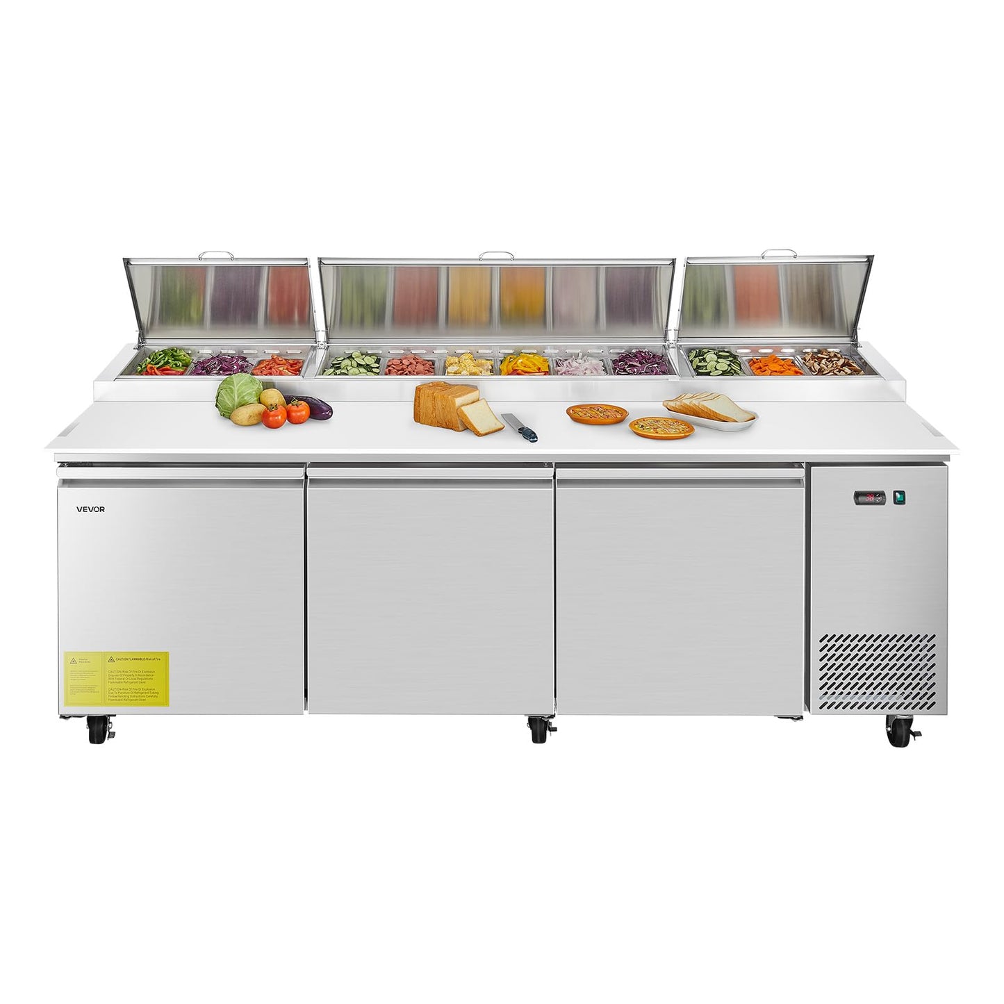 VEVOR 93"W Commercial Refrigerator, Pizza Prep Refrigerated Table, 19.3" Ultra Wide Countertop Food Prep Cooler, 30.8 Cu.Ft Single Door Salad Prep Fridge, 12 Pans Pizza Make Worktop with Cutting Board