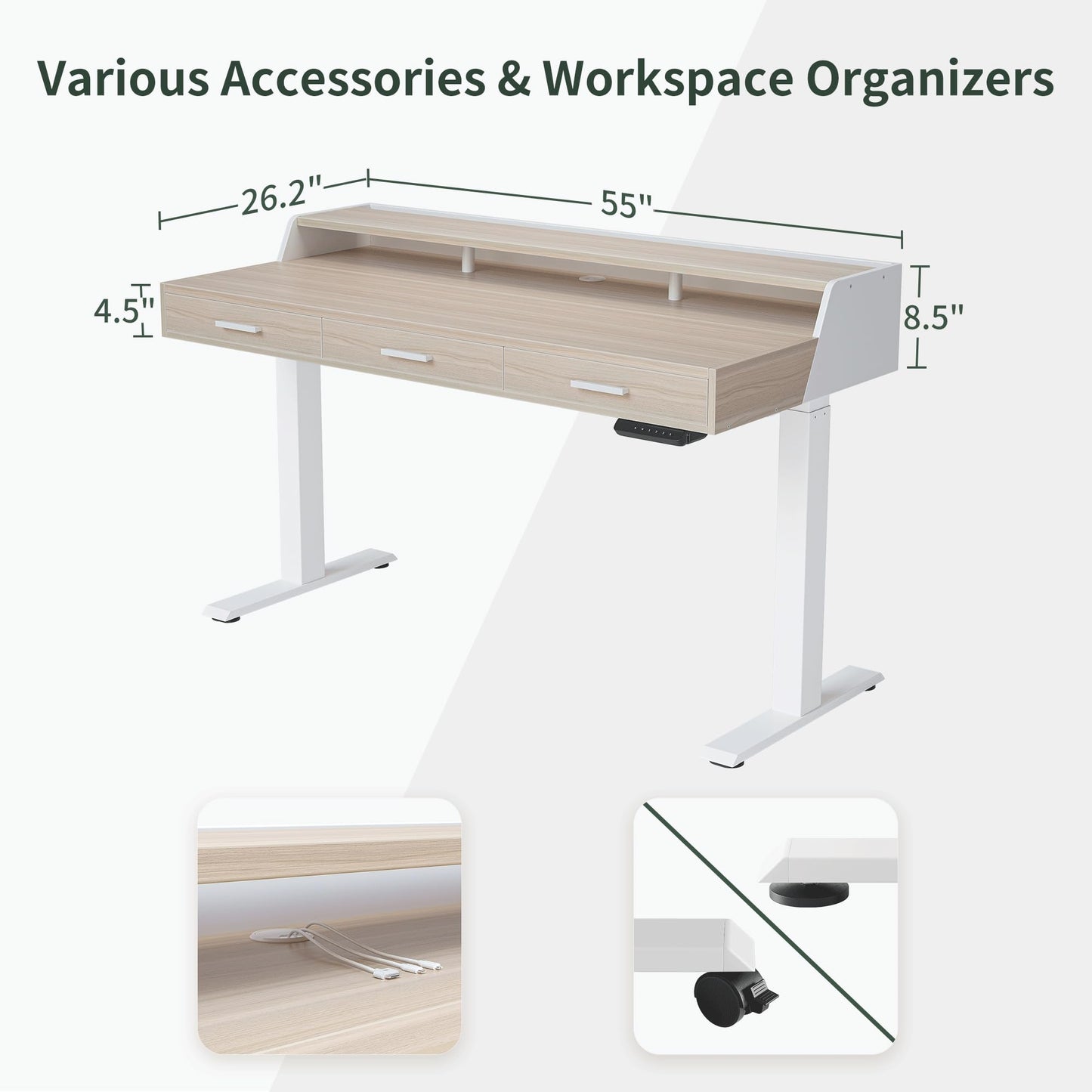 CubiCubi Standing Desk 55x26 Inches with 3 Wood Drawers and Monitor Shelf, Ergonomic Rising Home Office Desks, Height Adjustable Computer Desk, Sit Stand Up Electric Workstation Table, Pale Walnut