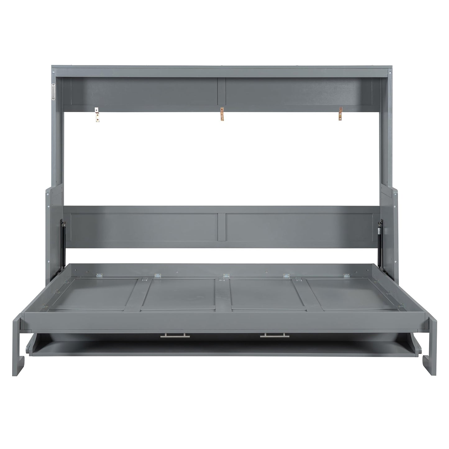 Merax Murphy Bed Queen Size with Desk, Wood Folding Wall Bedframe with Smooth Hydraulic Lift, for Small Bedroom, Guest Room, Home Office, Grey
