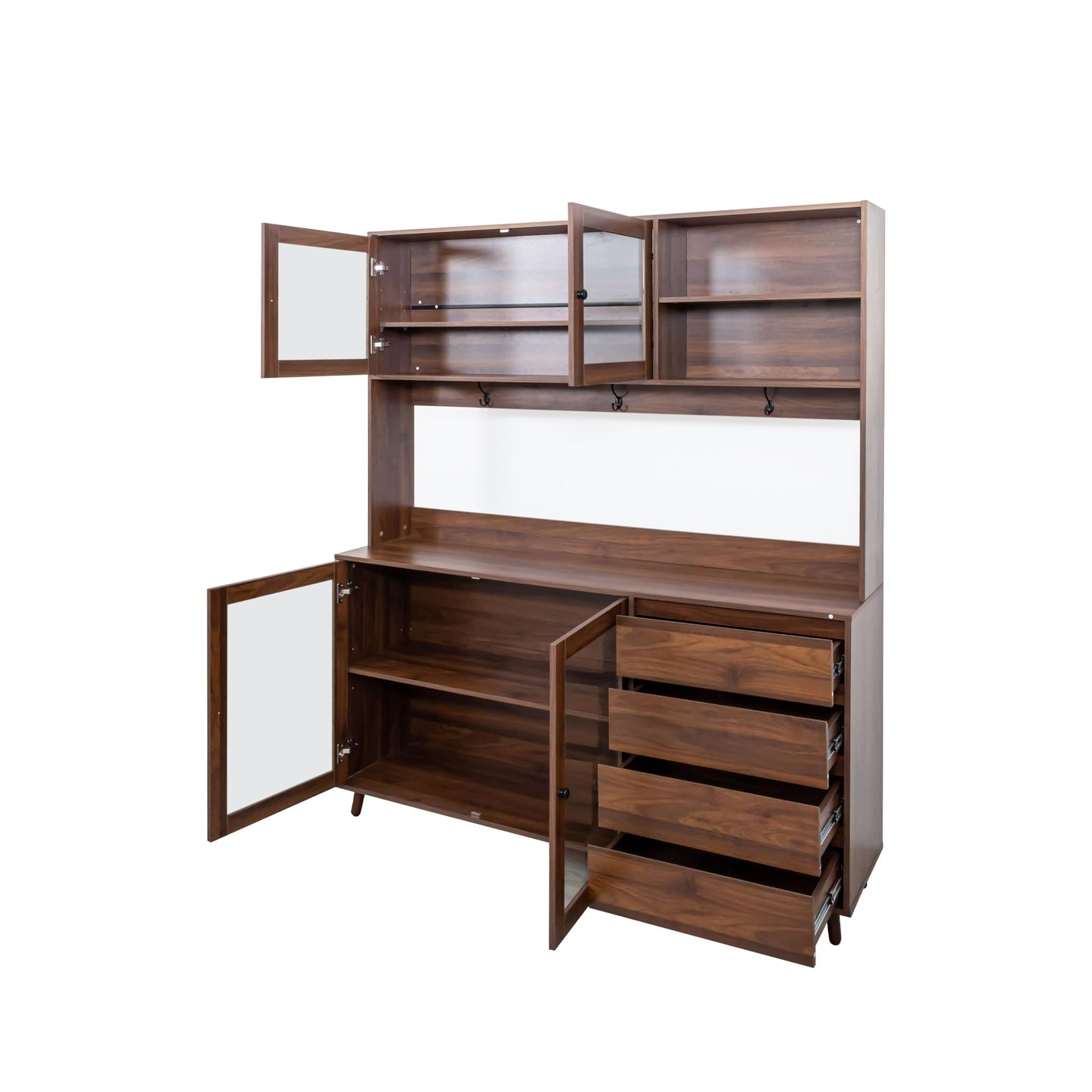 Ball & Cast 63" Large Kitchen Hutch Cabinet with Multi-Layer Shelves and 4 Doors & Drawers,Freestanding Pantry Storage Cupboard with Microwave Shelf,for Kitchen,Apartment,Livingroom,Walnut