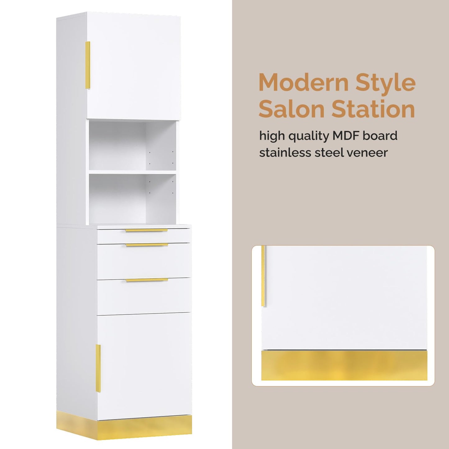 OmySalon Salon Stations for Hair Stylist, Barber Station with Storage Cabinet & Drawers & Hair Dryer Holders, Modern Beauty Salon Spa Equipment for Barbershop, White Gold
