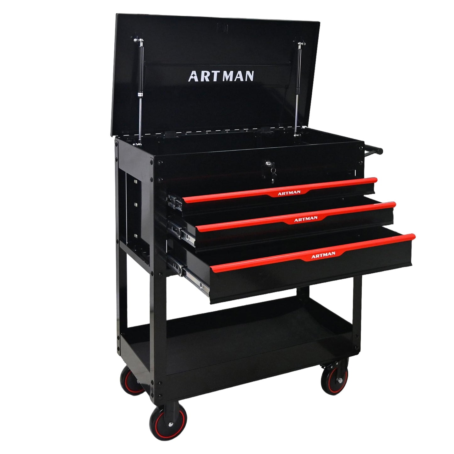 KEIKI 3-Drawer Rolling Tool Cart with Lift-Up Steel Top, Utility Tool Box, Multi-Functional Tool Storage Organizer Cabinet for Garage, Warehouse, Workshop, Repair Shop, Black