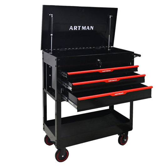 KEIKI 3-Drawer Rolling Tool Cart with Lift-Up Steel Top, Utility Tool Box, Multi-Functional Tool Storage Organizer Cabinet for Garage, Warehouse, Workshop, Repair Shop, Black