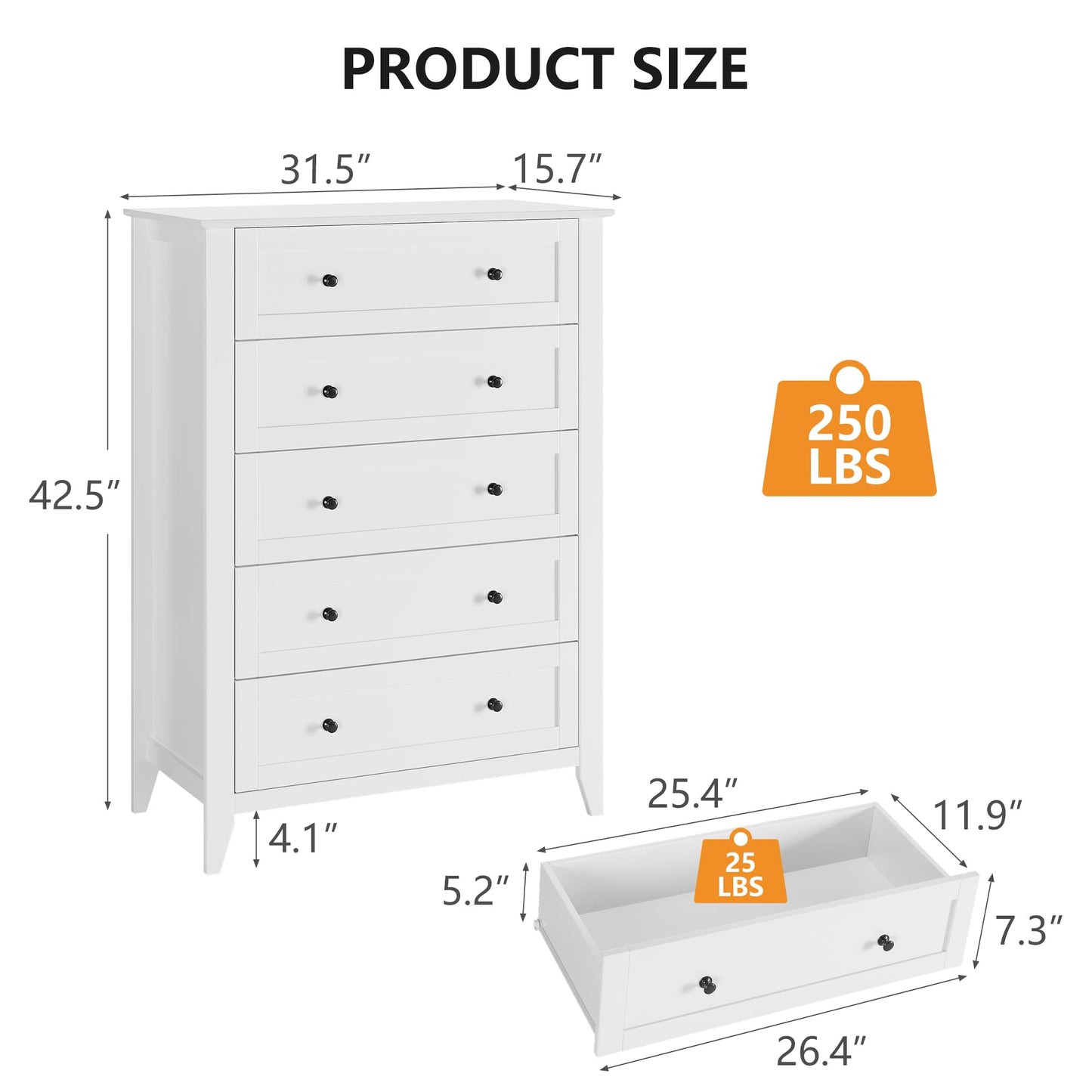 GarveeHome White 5 Chest of Drawer Dresser, Modern Tall Nightstand with Deep Drawers and Nickel Round Handle, Wood Organizer Storage Cabinet for Bedroom, Living Room, Hallway