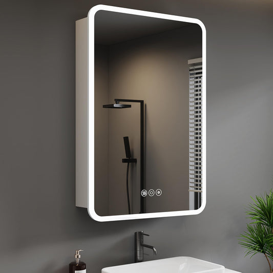 HBEZON Medicine Cabinet with LED Lights and Mirror, 24 x 30 Inch Surface or Recessed Mounted Bathroom Cabinets with Door, Defogger, Memory Function, 3-Color Mode, Outlet&USB, Dimmer, Storage Shelf