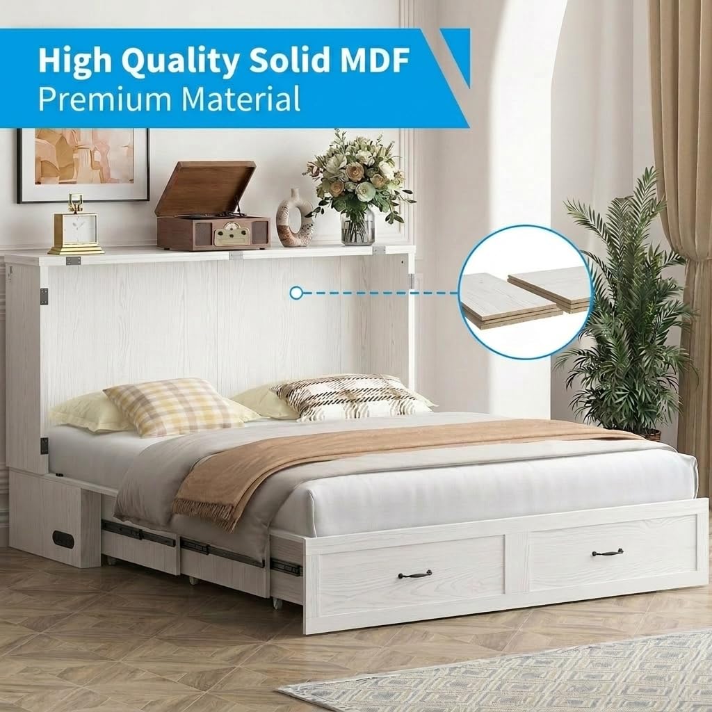 Mjkone Murphy Bed, Cabinet Beds Queen Size with Mattress Included, USB Charging Port, Drawer, Space Saving Queen Murphy Chest Bed, Hidden Cabinet Guest Wall Beds for Bedroom, Apartment, White