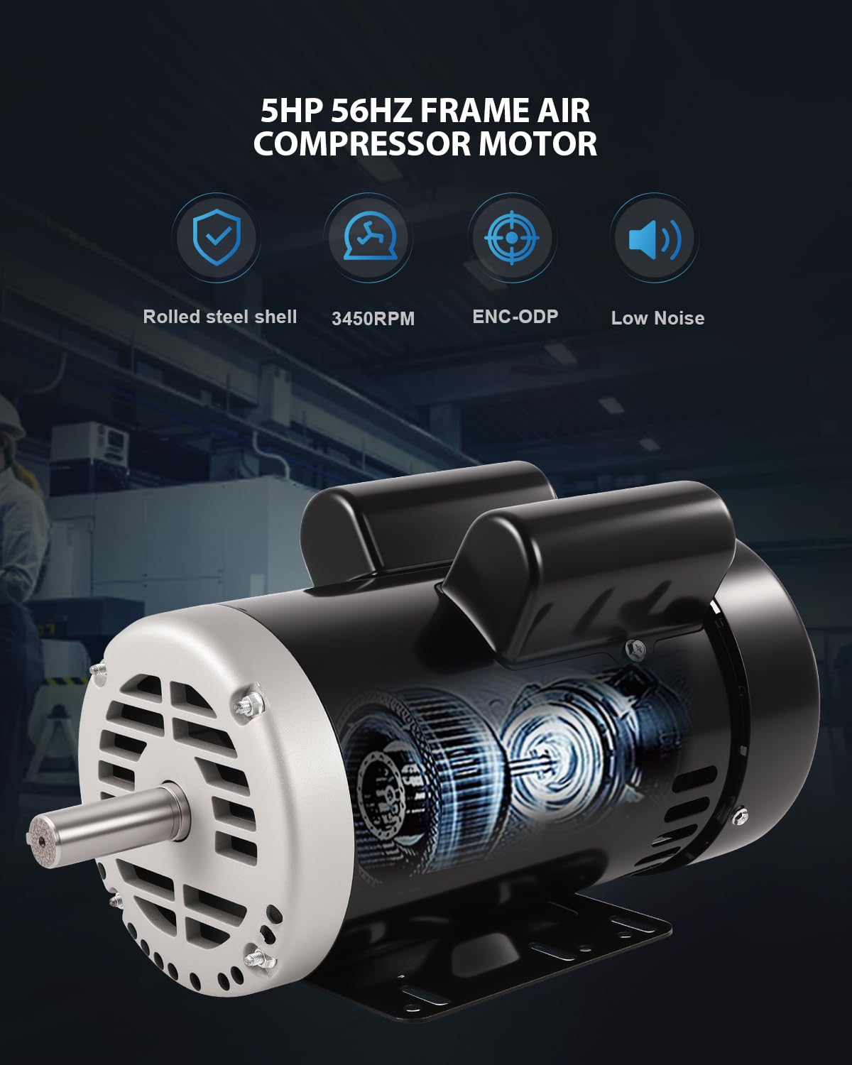 5 HP Air CompressorMotor, 230V Electric Motor 3450 RPM, CCW/CW Single Phase Motor, 56HZ Frame 7/8" Keyed Shaft