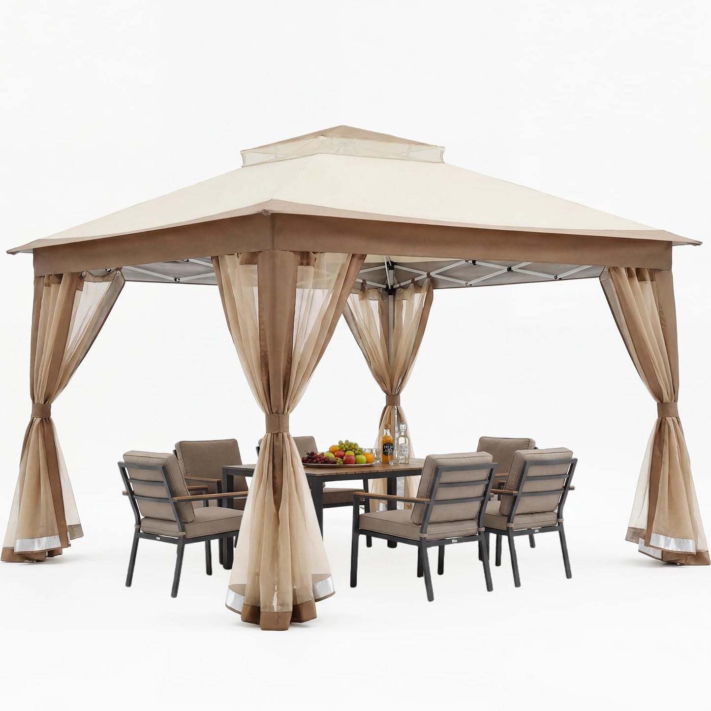 11x11 Pop Up Gazebo, Instant Waterproof Outdoor Canopy Tent with Removable Mesh Netting, UV Protection Portable Sun Shelter with Wheeled Cover Bag for Patio Backyard, Khaki