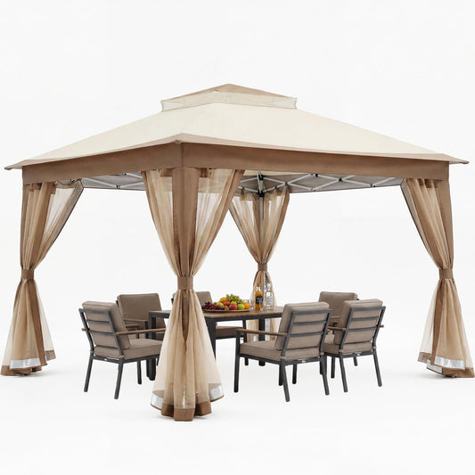 11x11 Pop Up Gazebo, Instant Waterproof Outdoor Canopy Tent with Removable Mesh Netting, UV Protection Portable Sun Shelter with Wheeled Cover Bag for Patio Backyard, Khaki