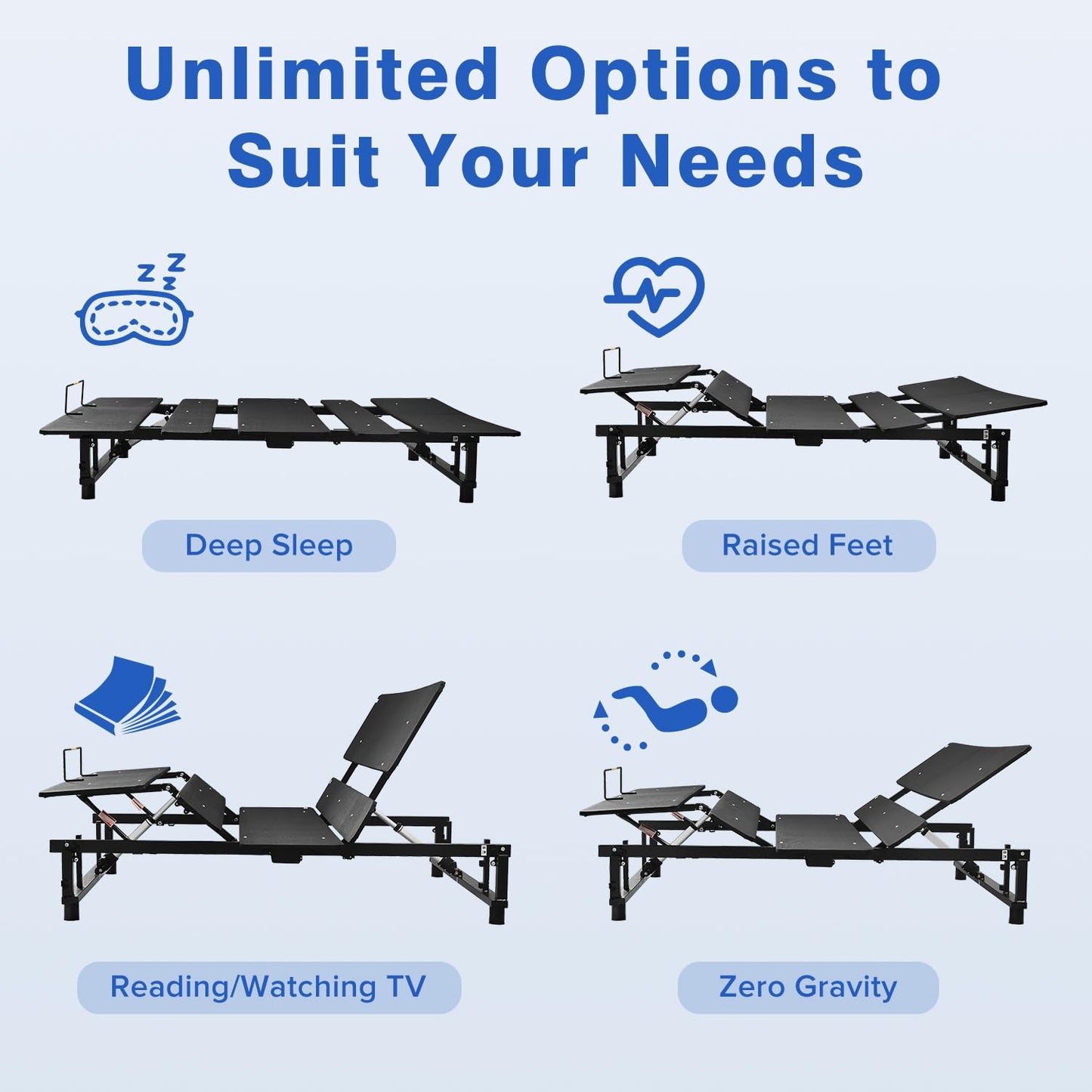 KEIKI Adjustable Bed Base Frame Queen Size with Wireless Remote, Head and Foot Incline, Zero Gravity Electric Bed Frame, Quiet Motor, 750LBS Capacity, Easy Assembly, Black