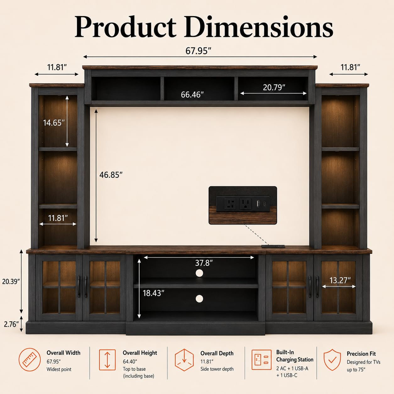 Nordivale Black Farmhouse TV Stand, Entertainment Center, 98" Wall Unit Media Console with Bookshelf, Cabinet & Power Outlets & Barn Doors, Fits TVs Up to 75” for Living Room