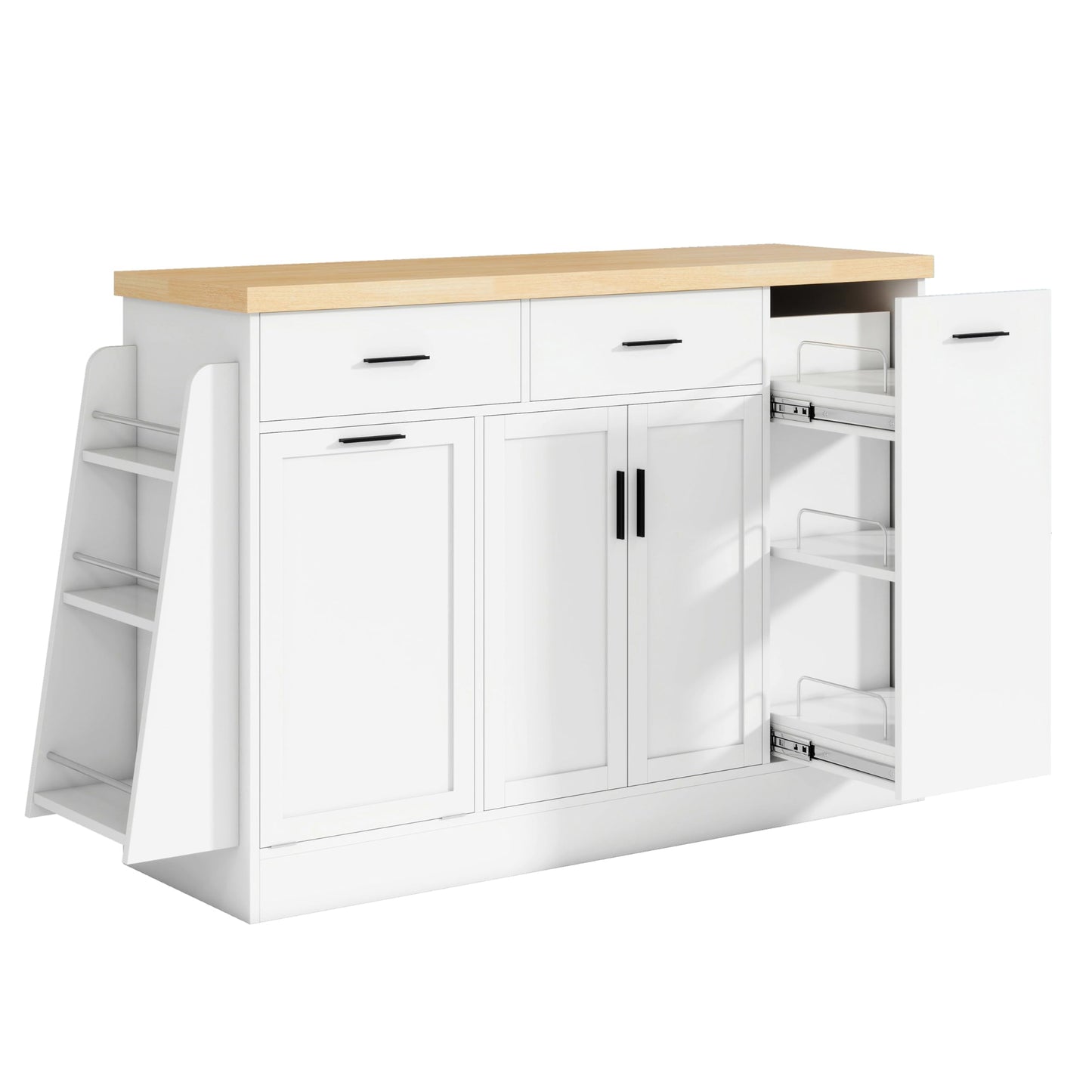 GDFStudio Kitchen Buffet Cabinet with Trash Can Storage, Sliding Door Storage Cabinet Sideboard with 3-Tier Spice Rack & 2 Drawers, Coffee Bar Cabinet Island Storage for Dining Room Living Room, White