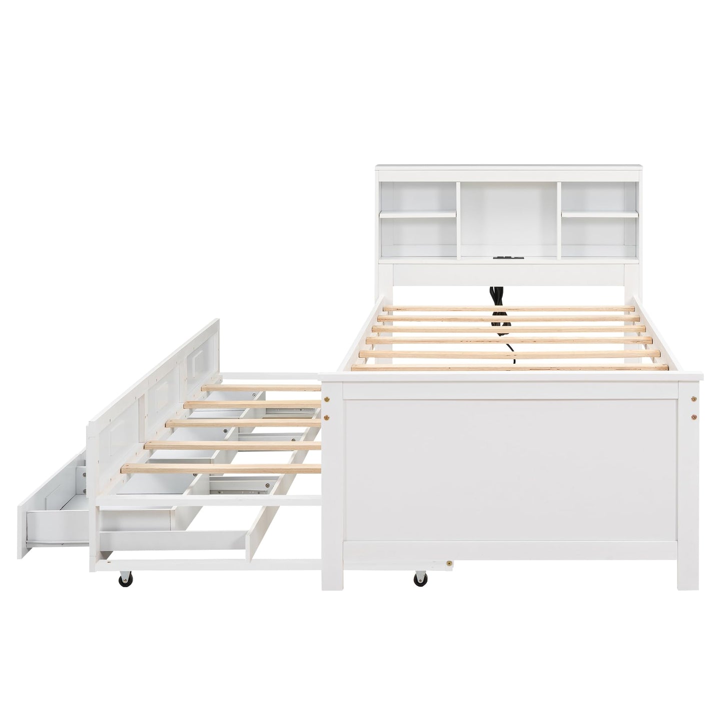 Merax Twin Size Platform Bed with Storage Headboard, USB, Wood Bedframe with Twin Size Trundle and 3 Drawers, White