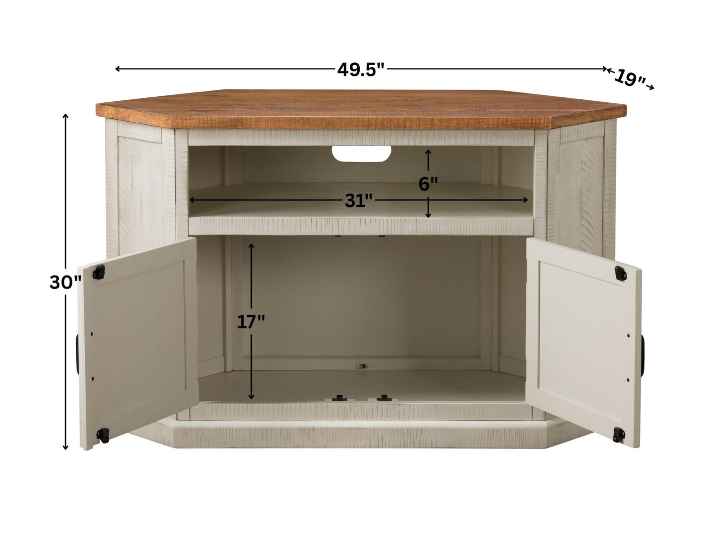 Martin Svensson Rustic Solid Wood TV Stand - Antique White and Honey Tobacco Finish - Hexagonal Shape and Farmhouse Design Entertainment Center with Shelves Included