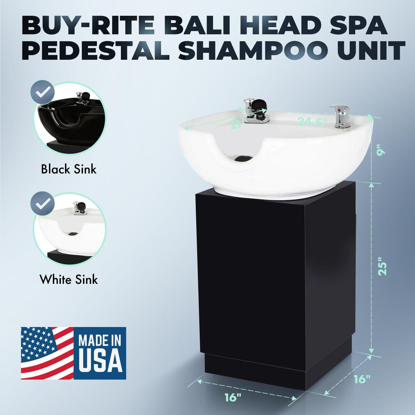 Buy-Rite Bali Head Spa Pedestal Shampoo Unit for Salons & Barbershops, Large White Porcelain Bowl, Padded Headrest, Vacuum Breaker, Back or Side Wash, 21"D x 25"W x 34"H, BR-BALIHEADSPAPEDESTAL