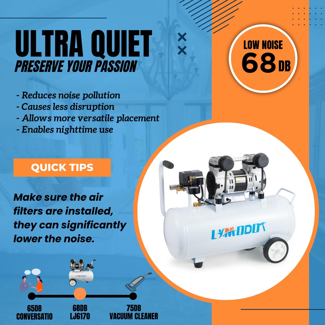 Quiet Air Compressor, Only 68dB, 8 Gallon Steel Tank, 2.8CFM @ 90PSI, Oil-Free, Electric Air Compressor Perfect for Woodwork Nailing, Garage, Car, Pneumatic Tool, Includes 11 Accessories