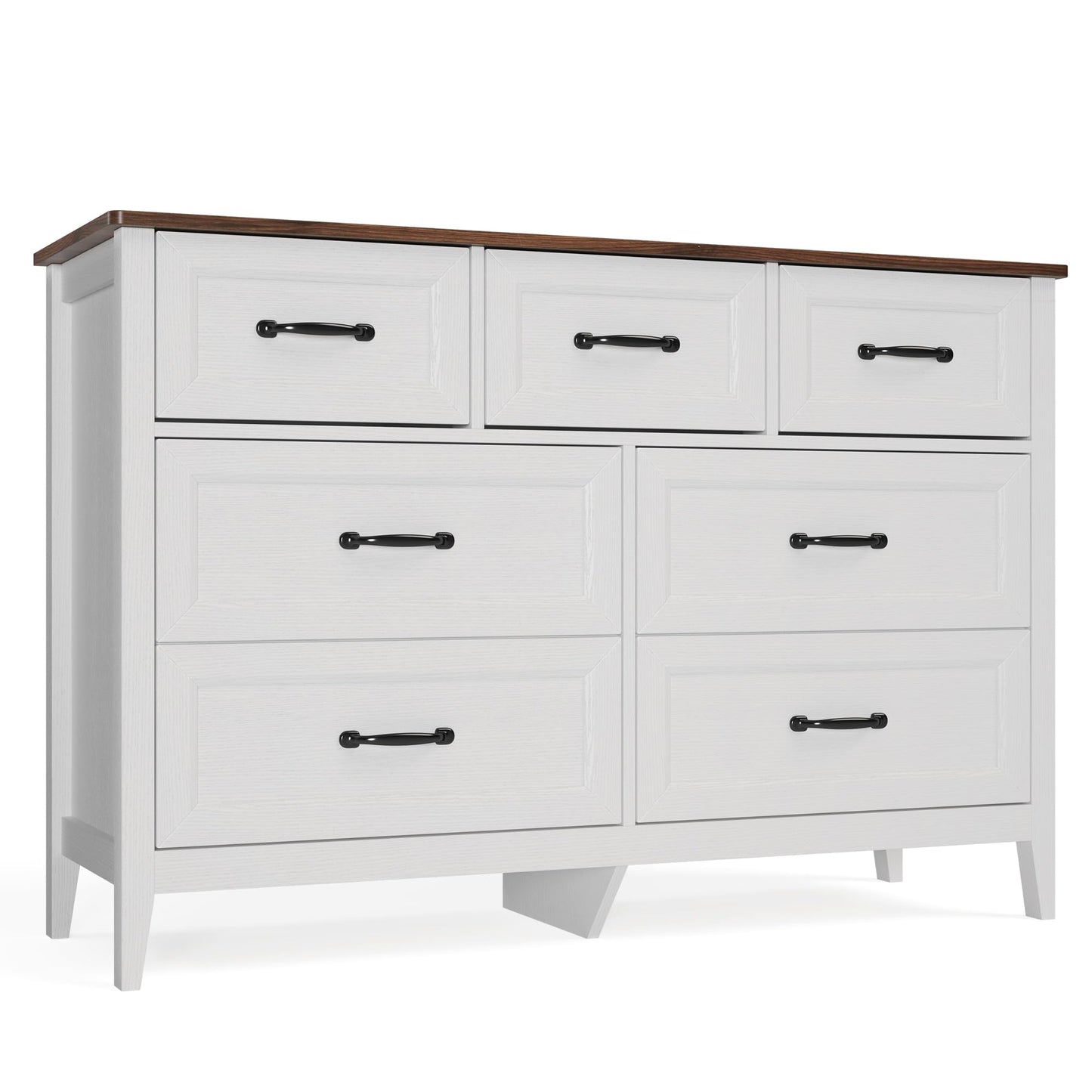 Gizoon Farmhouse 7 Drawers Dresser, White Chest of Drawers with Metal Handles, 47" Wide Wooden Storage Organizer for Bedroom, Hallway, Living Room, Tabletop-Retro