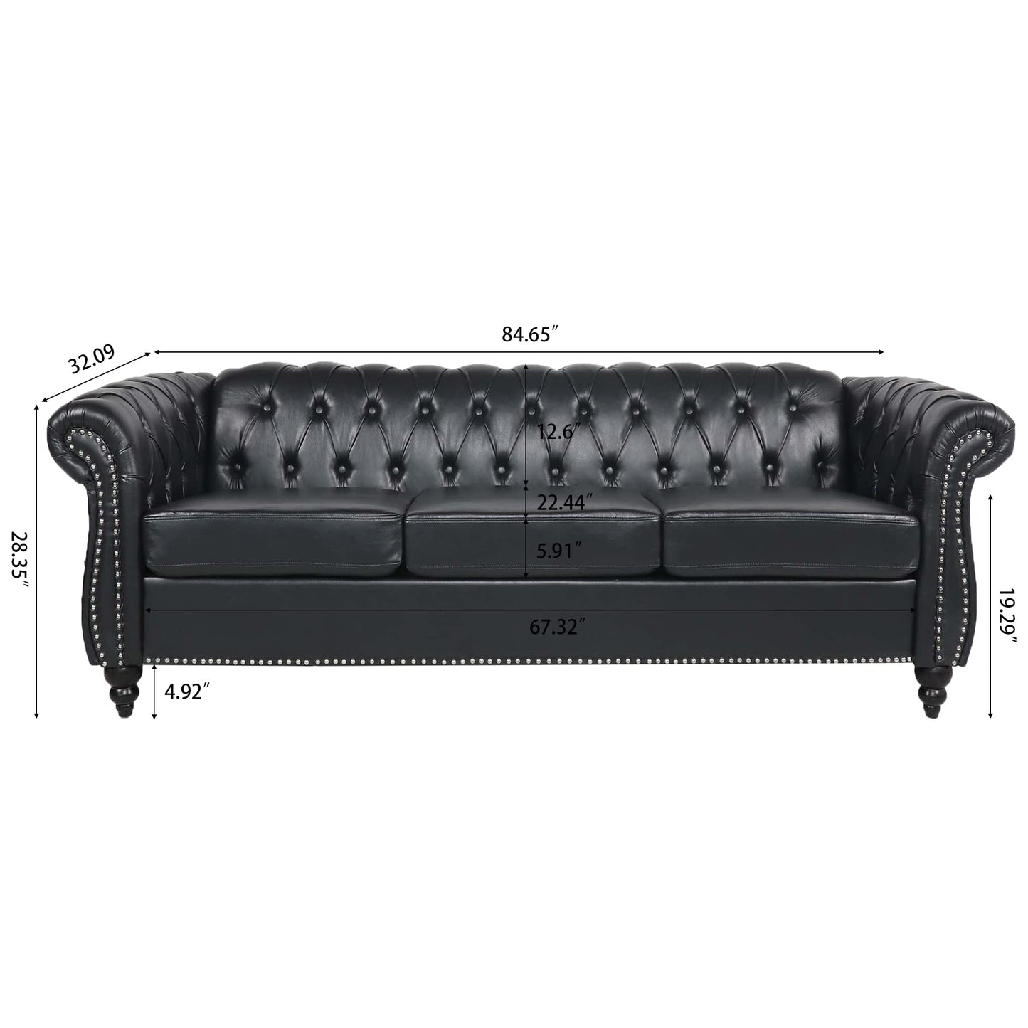 Ball & Cast 84" Chesterfield Leather Sofa with Channel Tufted Seat Back,Classic 3 Seater Couch w/Roll Arm Nailhead Trim and Upholstered,Mid Century Furniture for Living Room,Bedroom,Office,Black PU