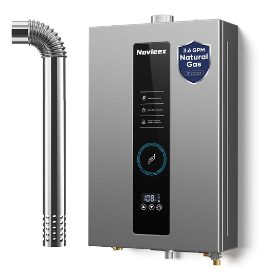 Tankless Water Heater, Novieex On Demand Water Heater Natural Gas, Up to 3.6 GPM, 86,000 BTU Instant Hot Water Heater with LED Display, Indoor Installation, 2-3 Point Use for Family Bathroom Kitchen