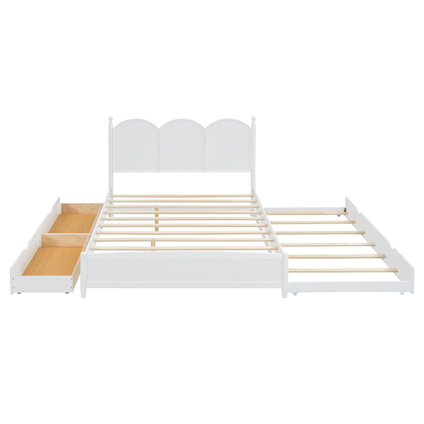 Merax Queen Size Platform Bed with 2 Storage Drawers and Twin XL Size Trundle, Rustic Design Wooden Bed Frame, White
