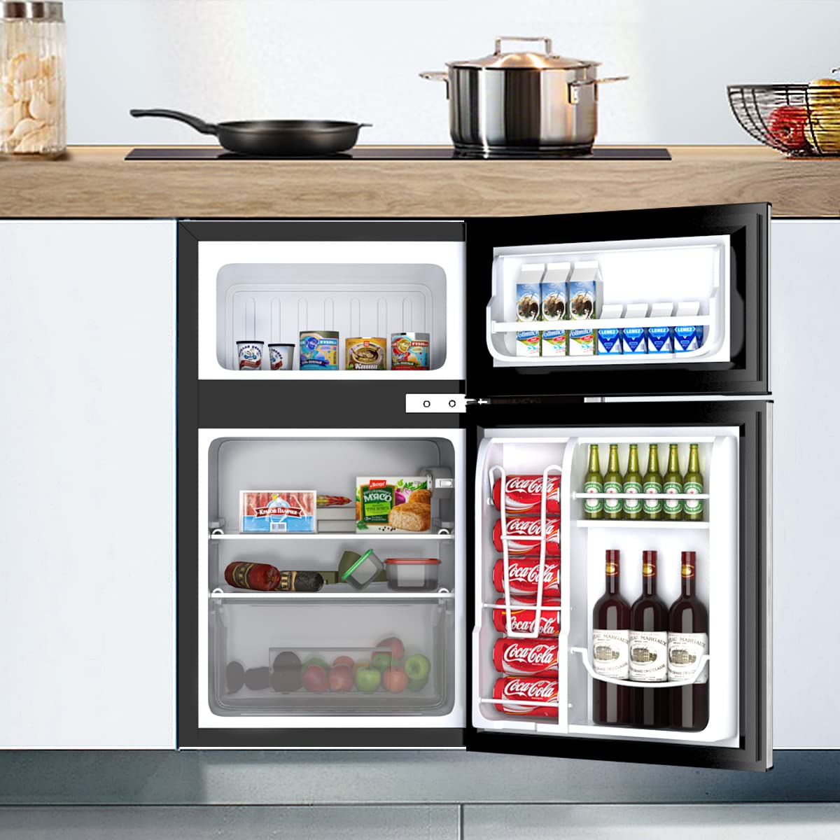 COSTWAY Mini Fridge with Freezer, 3.2 Cu.ft. 2-Door Mini Freezer Cooler Fridge w/ Reversible Door, Removable Glass Shelves, Mechanical Control, Small Refrigerator for Bedroom, Dorm, Office (Grey)