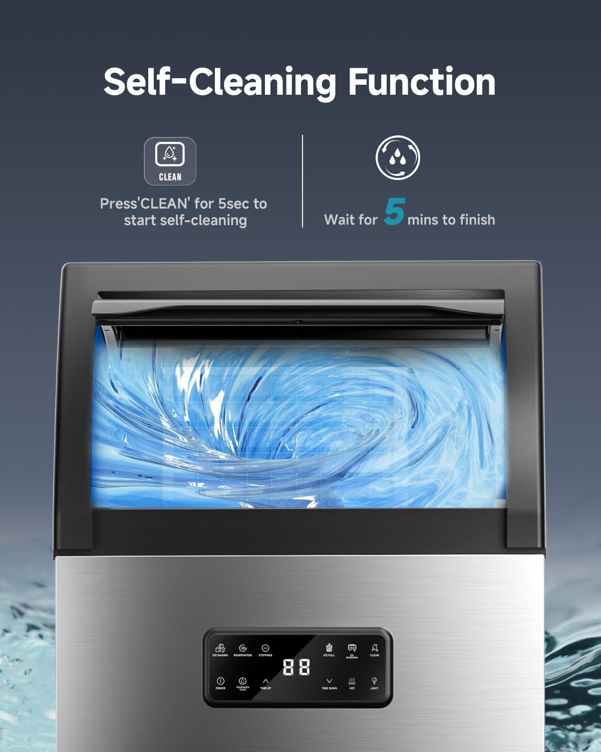 EUHOMY Commercial Ice Maker,120lbs/24H,Stainless Steel Under Counter Ice Machine with Water Filter,33lbs Storage Capacity, 45 Cubes in 8-12 Mins, Freestanding Ice Machine for Home/Bar/Cafe/Restaurant