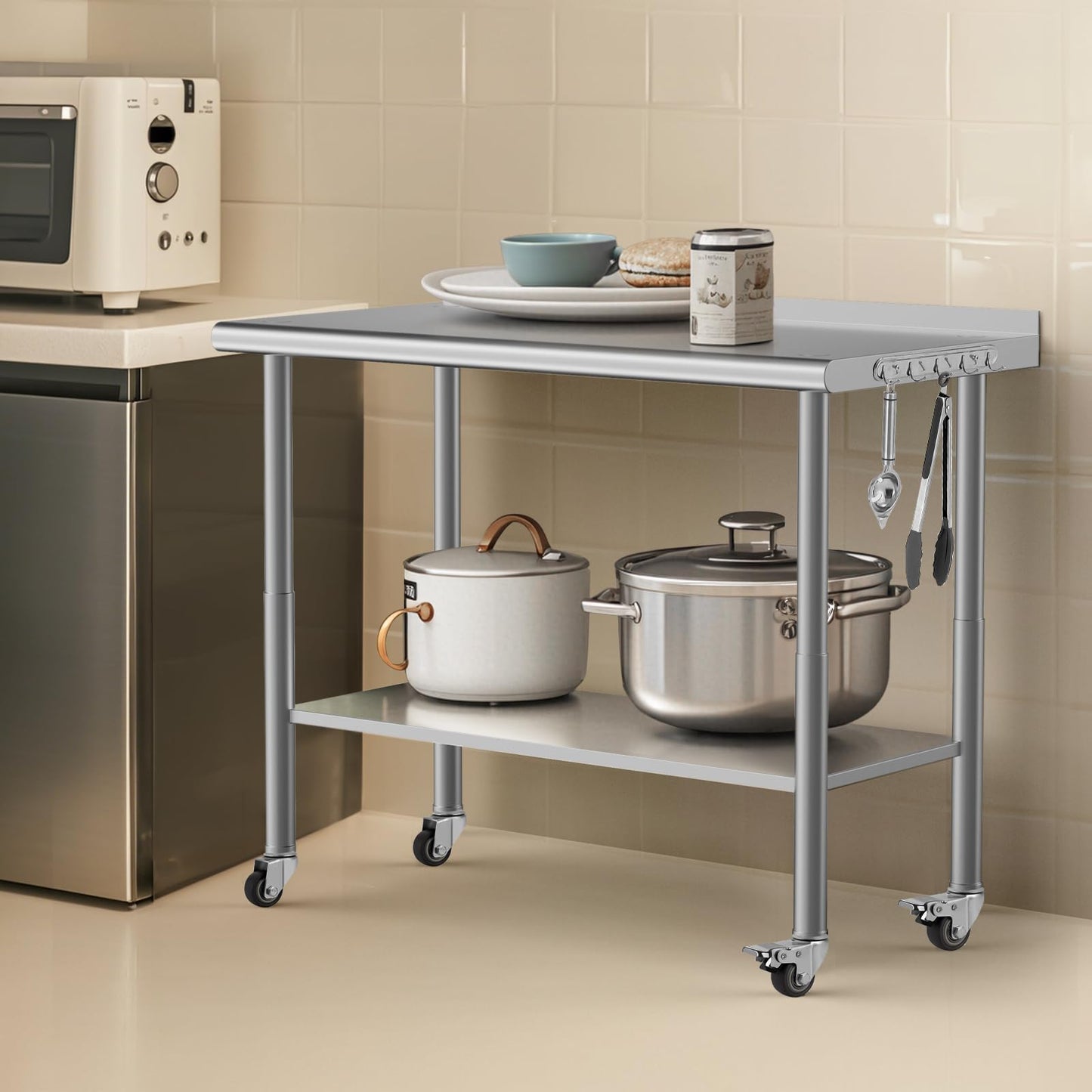 NSF Stainless Steel Table for Prep & Work, 48" x 24" with Adjustable Undershelf and Hooks, Commercial Heavy Duty Table for Restaurant, Home and Hotel