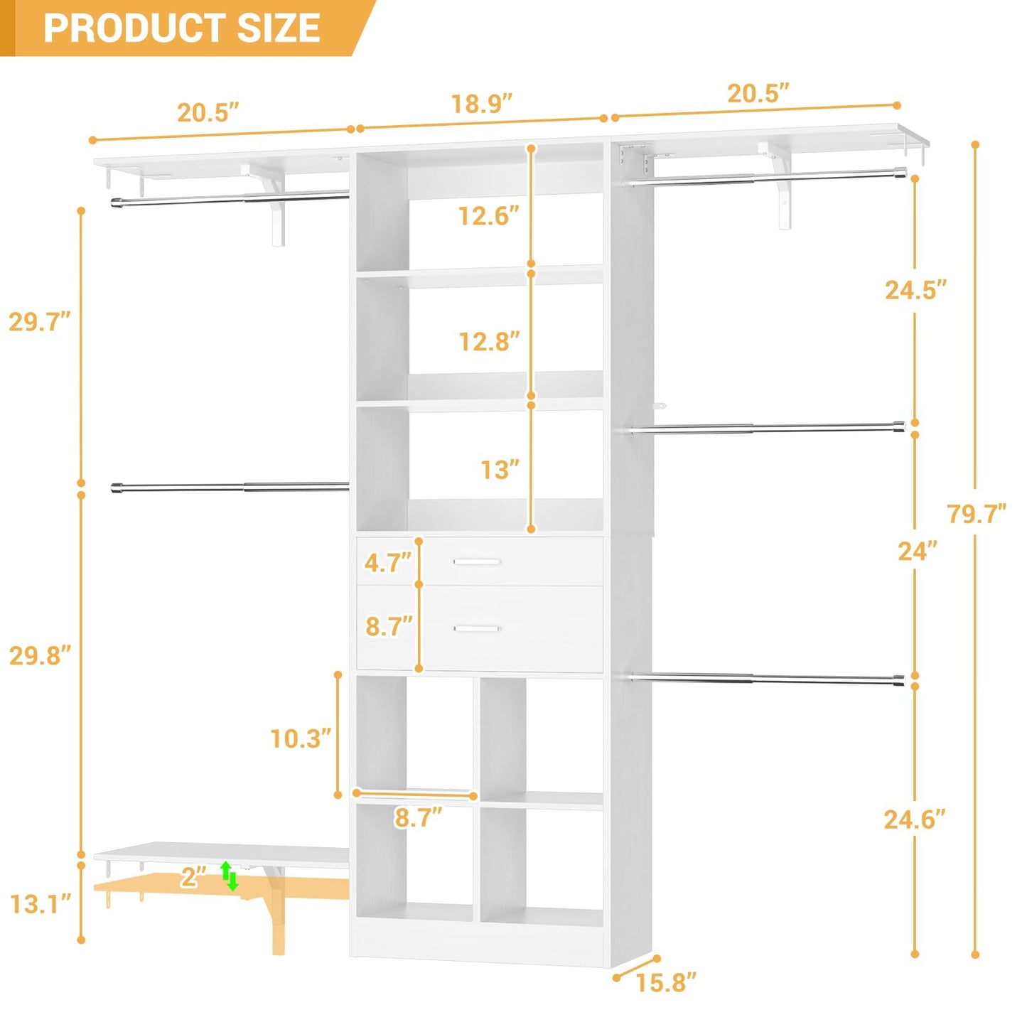5FT Closet Organizer System with Wooden Drawers, 60 Inches Walk In Closet System With 5 Hanging Rods, Can Fit 1.58 to 6.8 FT with Reversible Hanging Shelving, White