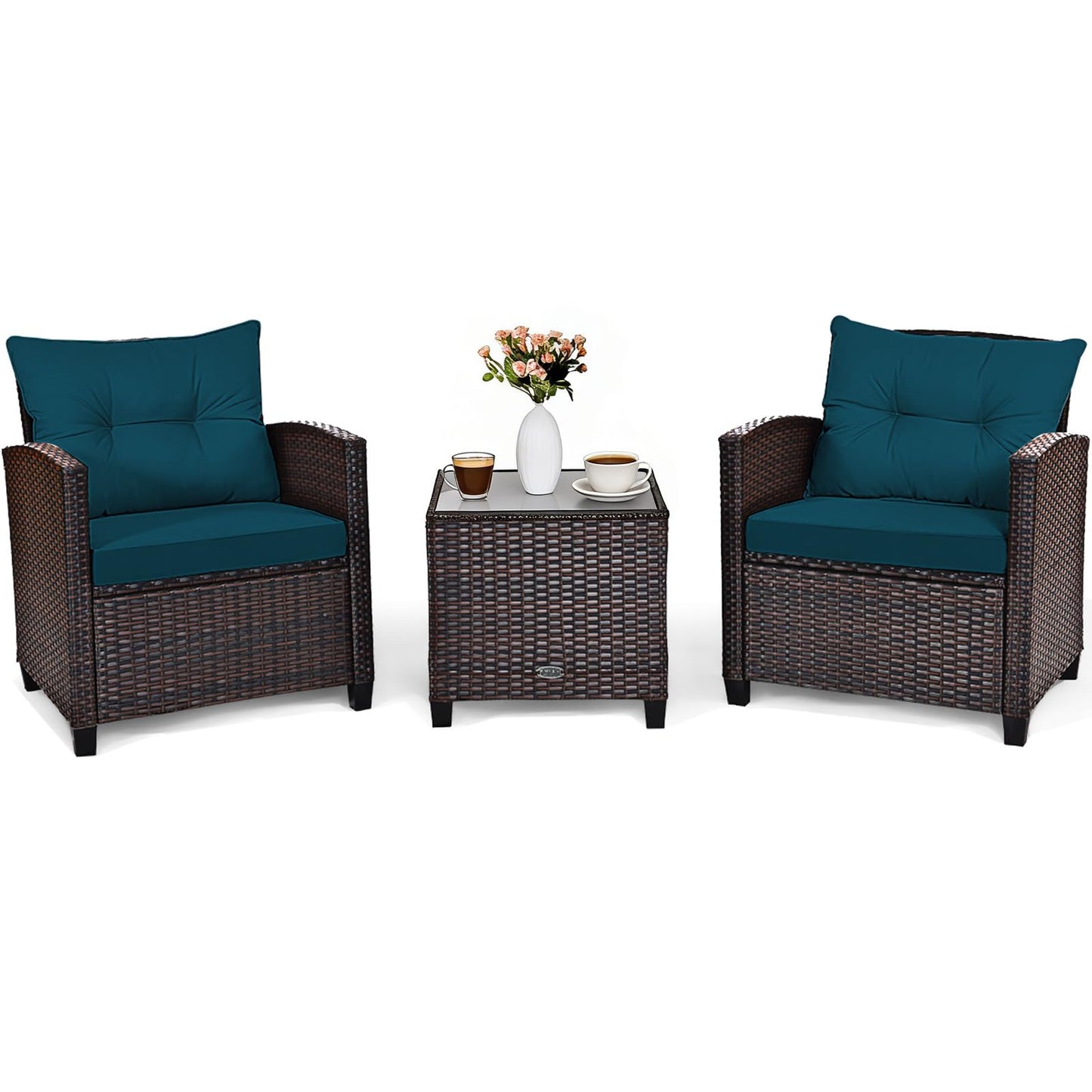COSTWAY 3PCS Patio Furniture Set, PE Rattan Wicker Sofa w/Washable Cushion and Coffee Table, Tempered Glass Tabletop, Outdoor Conversation Set for Balcony, Porch, Yard, Backyard, Lawn (Blue)