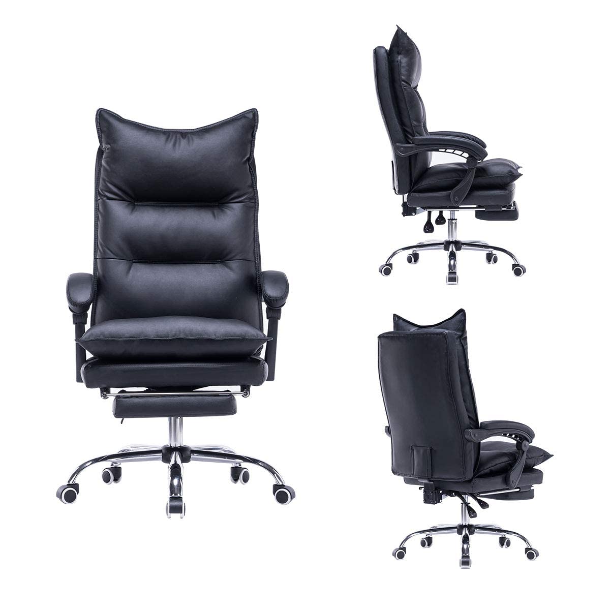 YOLENY Big and Tall Office Chair, Height-Adjustable Reclinable Ergonomic Swivel High Back Office Chair, Leather Office Chair with Foot Rest, Supports Up to 350 lbs, Black