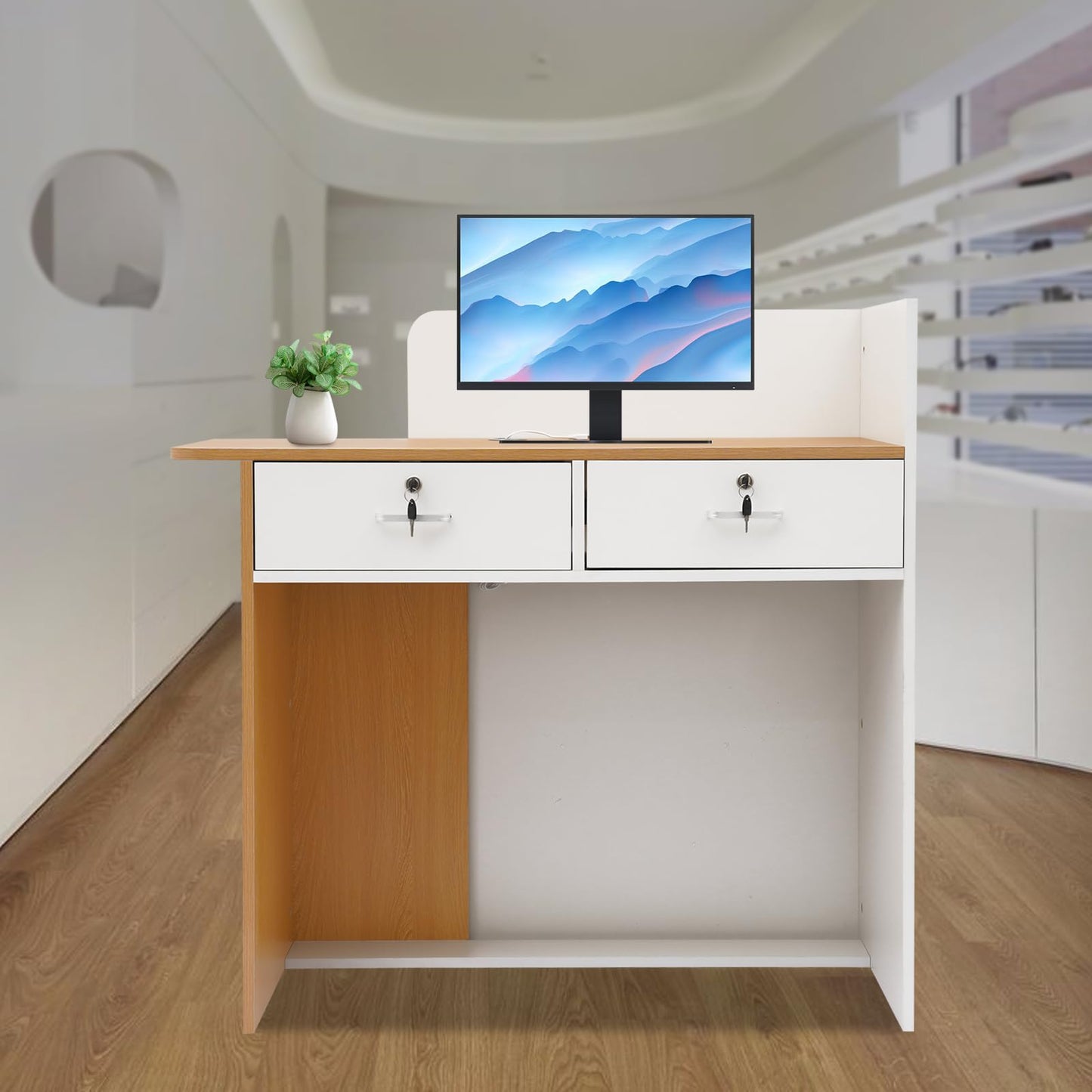 BILPIKOGoo Reception Desk with LED Light Strip, Small Modern Bar Counter w/Lockable Drawer,Compact Front Desk for Office, Salon, Retail, Cashier, Lobby