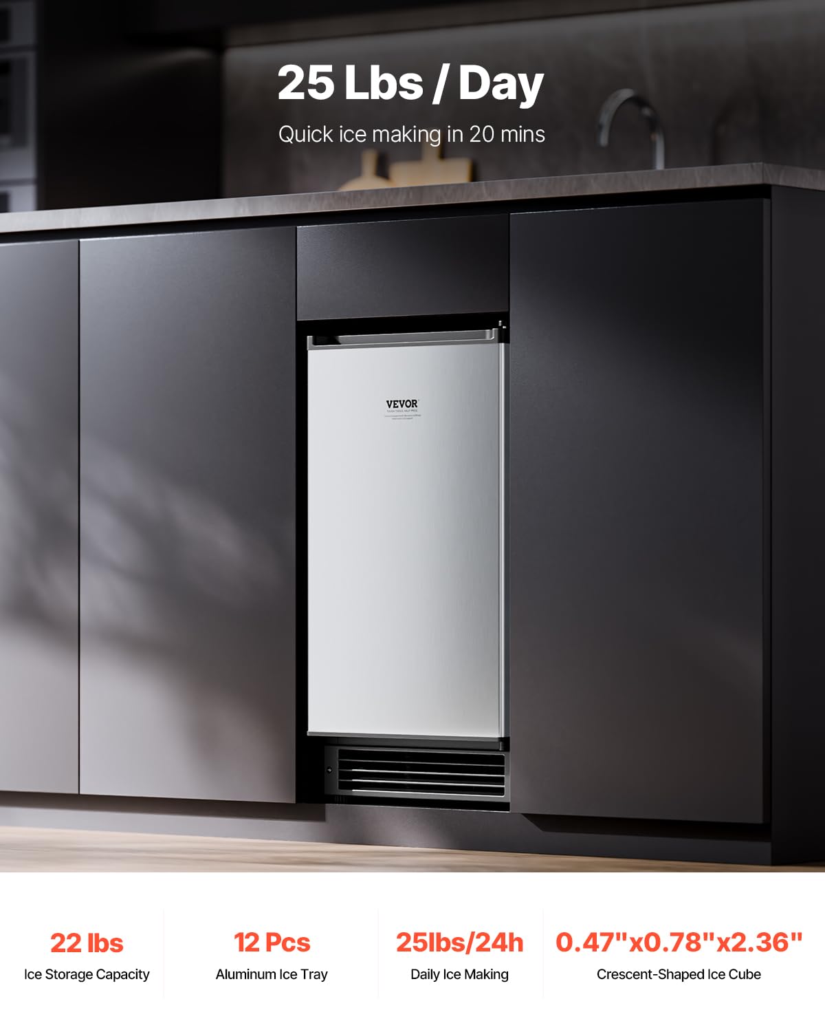 VEVOR Under Counter Ice Maker Machine, Crescent Ice, 25 Lbs/Day Stainless Steel Built in Ice Maker with Reversible Door, 22Lbs Storage Ice Maker Machine for Commercial Home Kitchen, No Drain Required