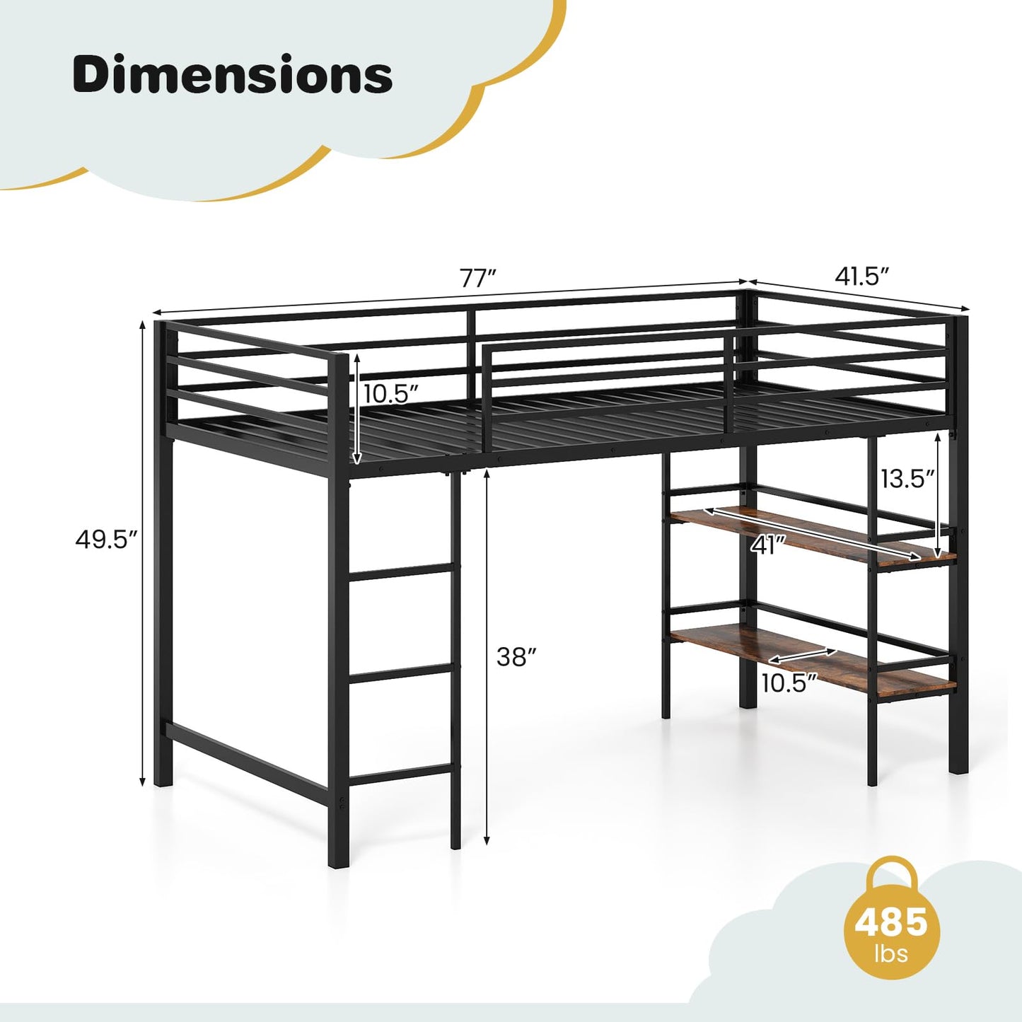 KOMFOTT Twin Size Metal Loft Bed w/Storage Shelves, Heavy Duty Metal Bed Frame w/Safety Guardrails & Ladder, Space-Saving Low Loft Bed for Kids Junior, Under-Bed Space, No Box Spring Needed (Black)