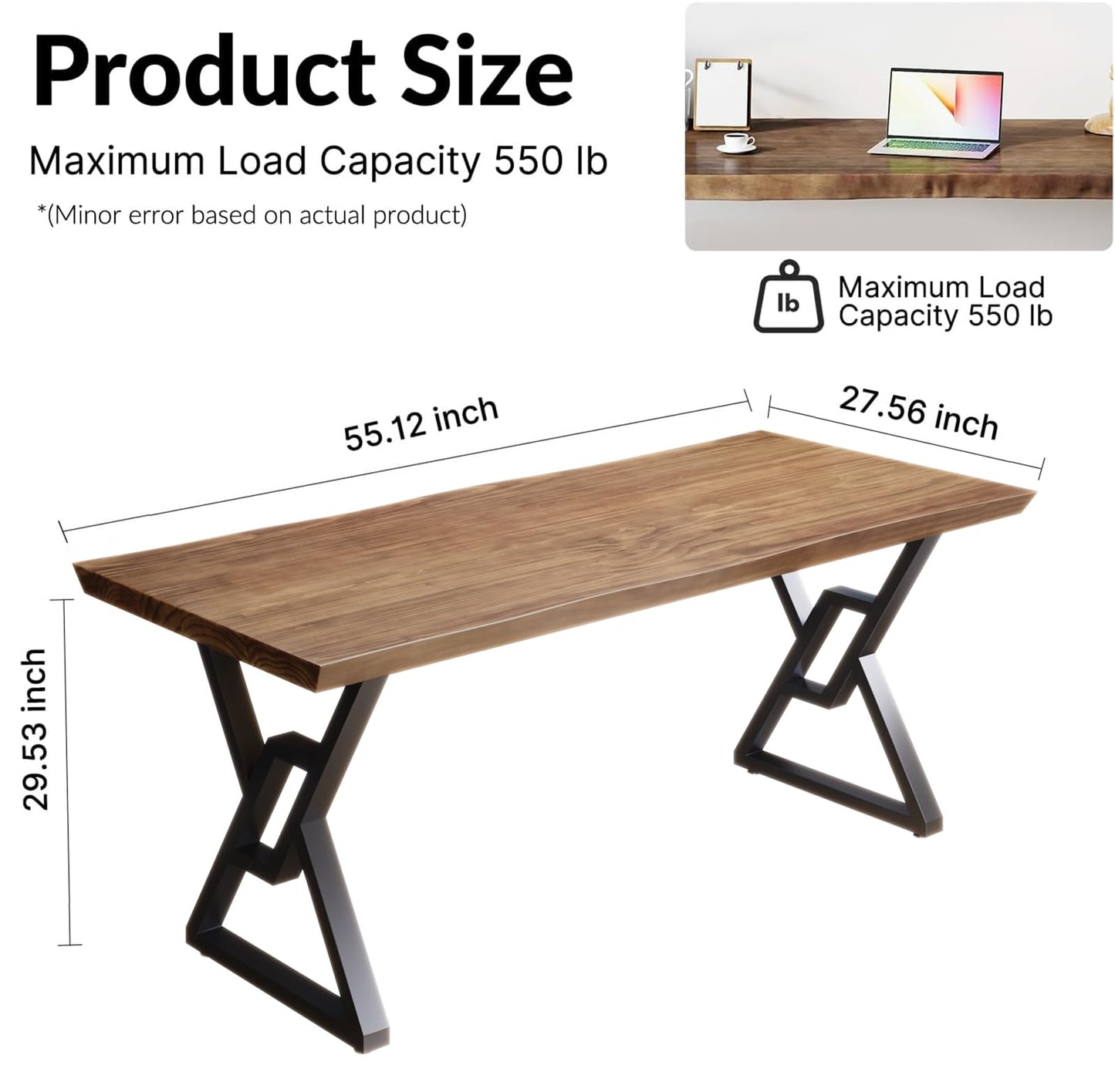 jmzx store Solid Wood Rustic Style 55.1-inch Computer Desk - Large Office Desk for Home Office (Black-w, 55.12 * 27.56 * 29.53)