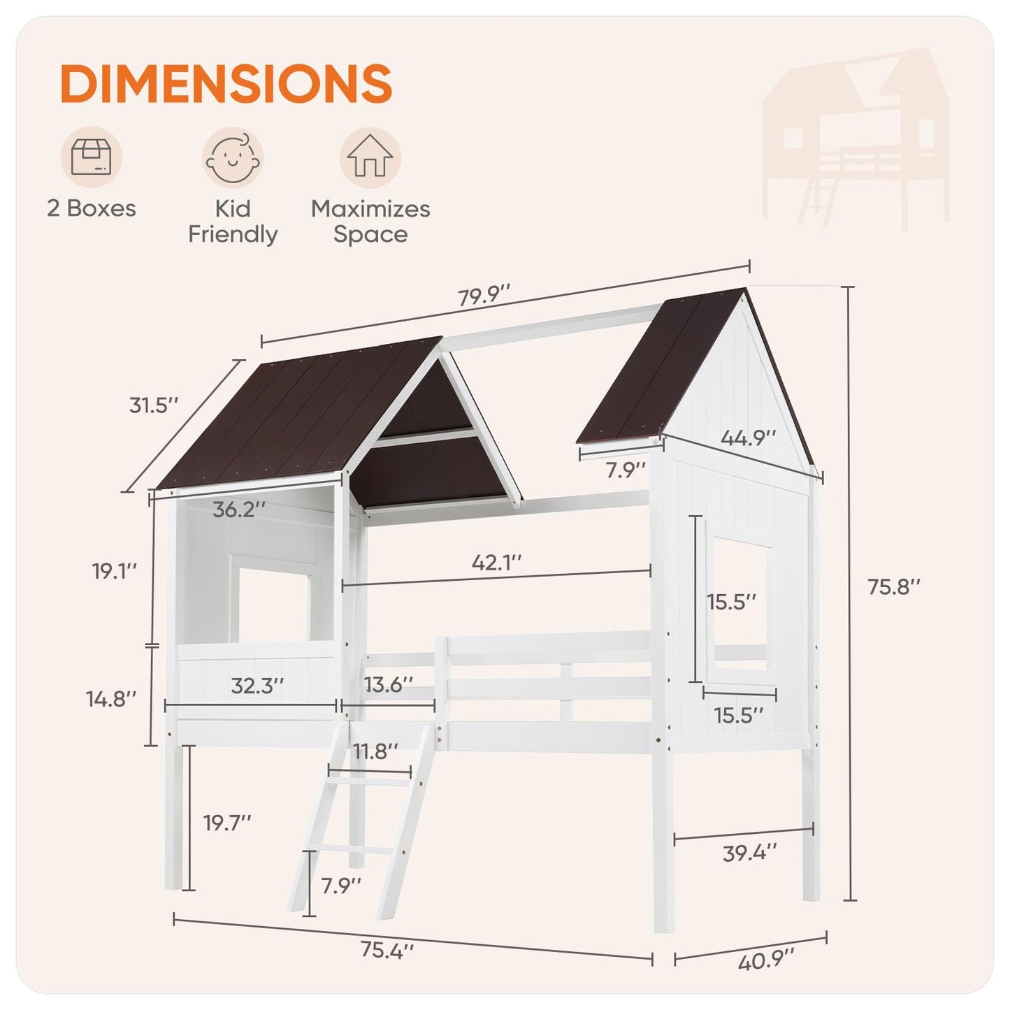 DUMOS Low Loft Beds Twin Size with Windows and Roof, Wooden House Bedframe with 2-Step Ladder and Safety Guardrail, Solid Wood Bed Frame with Under-Bed Storage for Kids Teens, Chocolate