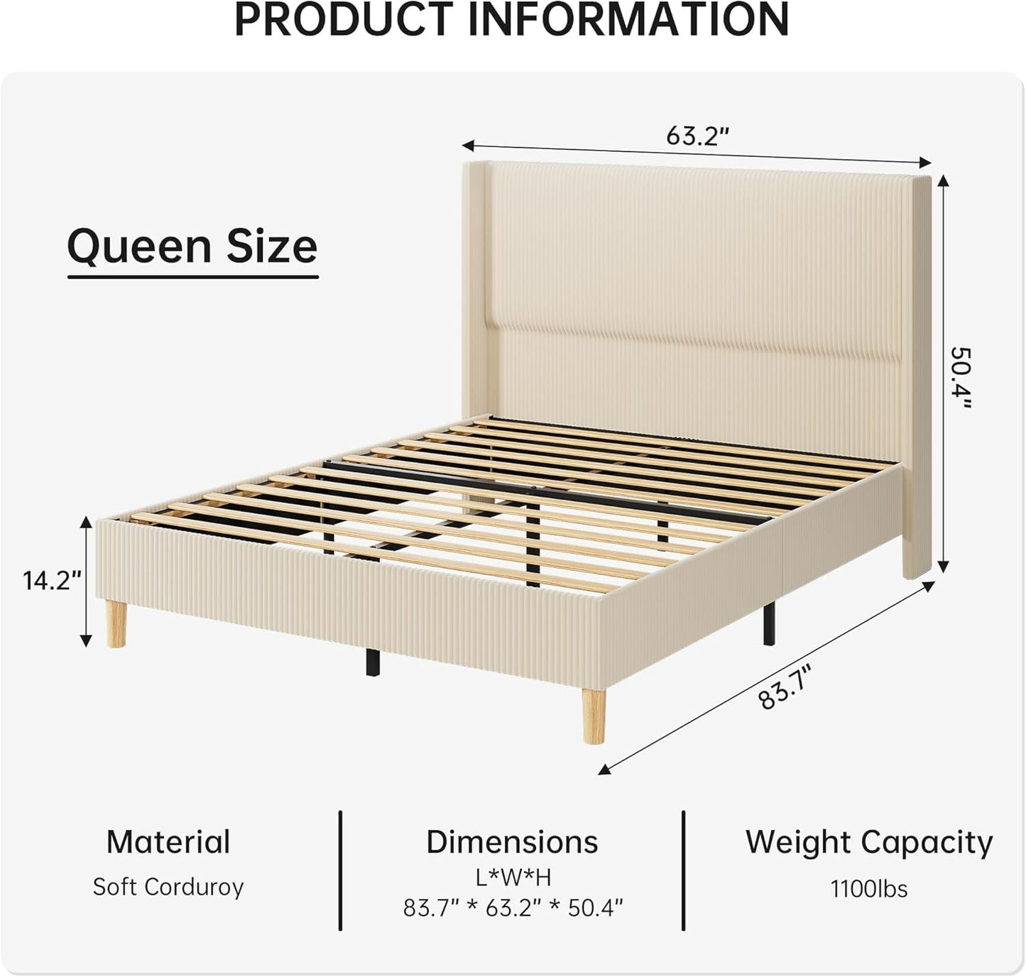 GAOMON Upholstered Bed Frame with Tall Wing-Back Headboard, Queen Size Corduroy Bed Frame with Sturdy Wooden Slats, No Box Spring Needed, Noise Free, Easy Assembly, Beige