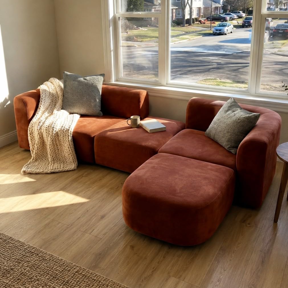 Acanva Luxury Modern Tight Curved Back Velvet Sofa, Minimalist Style Comfy Couch for Living Room Apartment, 4 Seater Modular Sectional, Tangerine