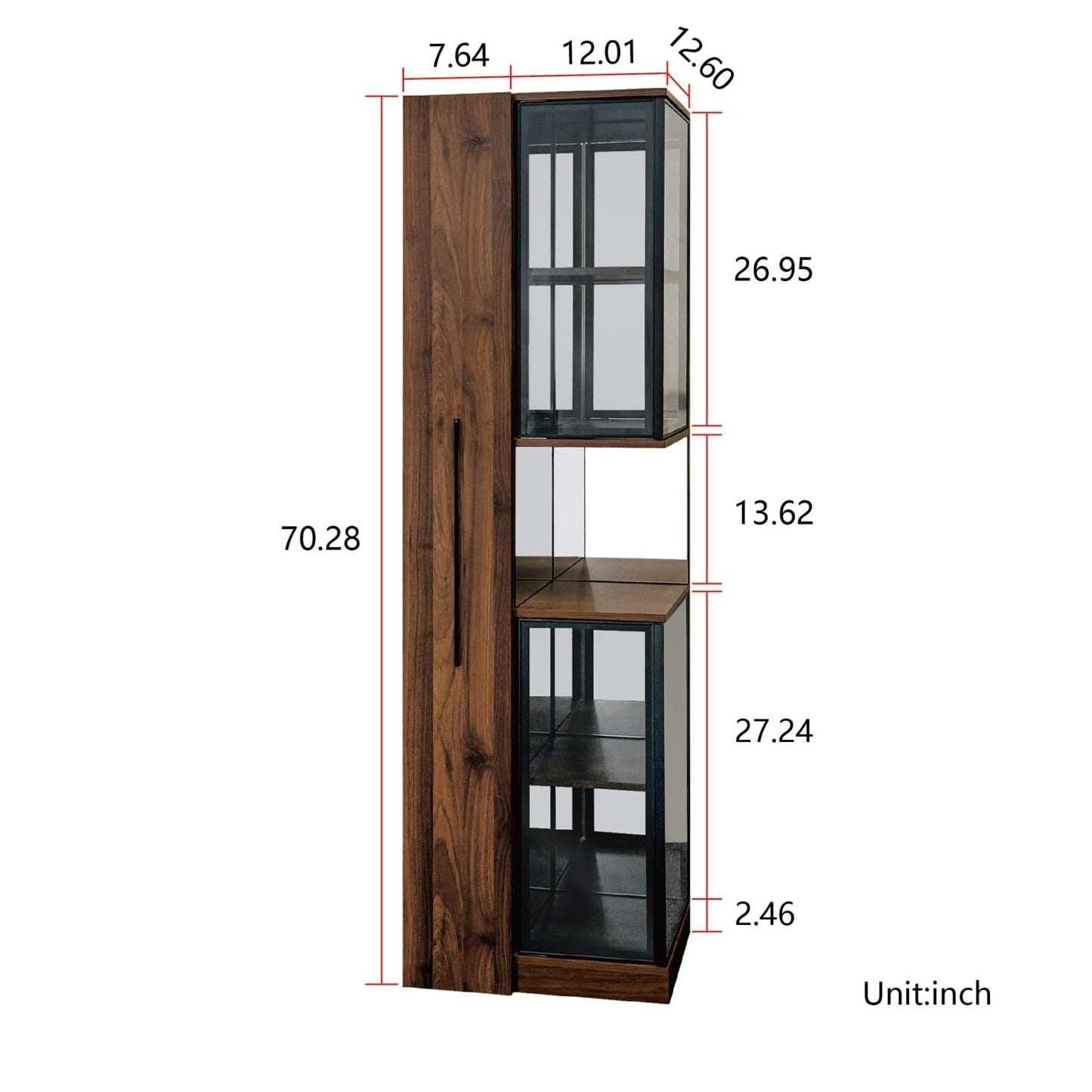 KEIKI 70" H Glass Display Storage Cabinet with Pull-Out Multi-Tier Shelf & LED Lights, Multi-Functional Curio China Collectibles Book Case Shelves Bookcase for Living Room, Home Office, Bedroom