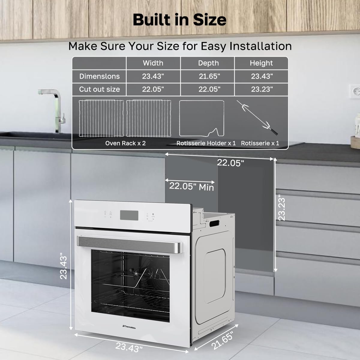24" Wall Oven, ETL Certified, ThermoMate 2.6 Cu.Ft. Electric Wall Oven with 12 Functions, 3100W, White Built-in Convection Ovens, Sensor Touch Control, Safety Lock