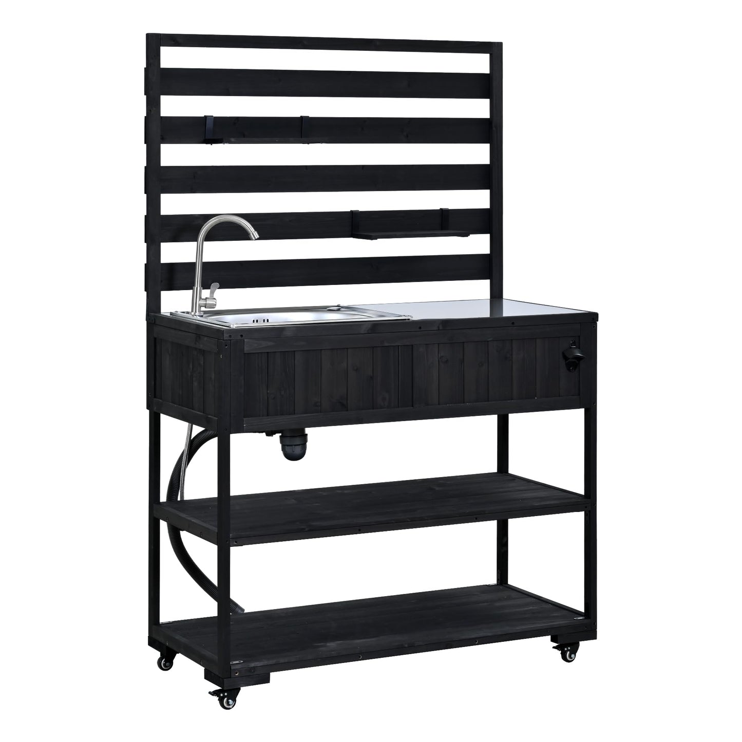 GDFStudio Elvale Patio Rolling Kitchen Island Cart with Sink, Wooden Outdoor Storage Cabinet with Stainless Steel Top, Movable Shelves, Bottle Opener and Lockable Wheels, Garden Potting Bench, Black