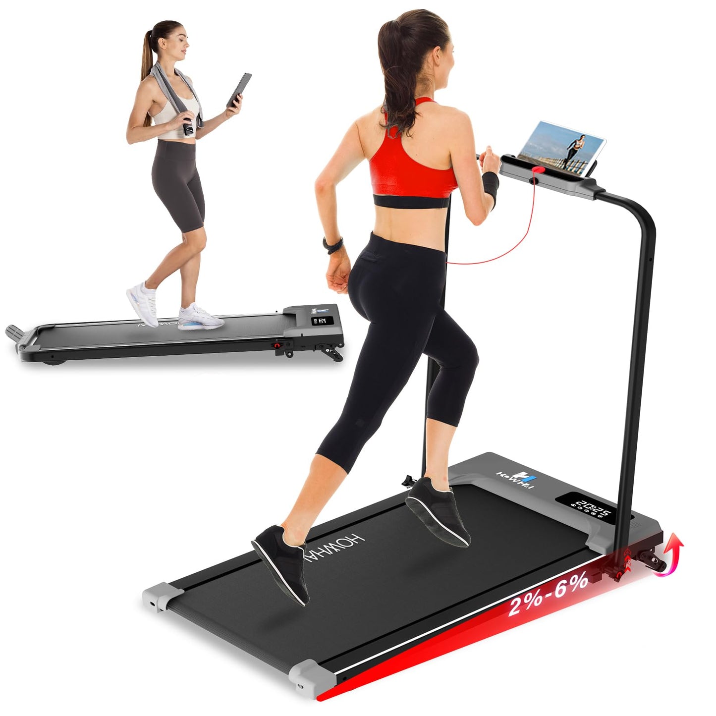 HOWHAI Walking Pad, Treadmill with Incline, Brushless 2 in 1 Foldable Under Desk Portable Treadmills for Home/Office with App, Bluetooth Music, Remote Control & LED Display (300lbs Capacity)