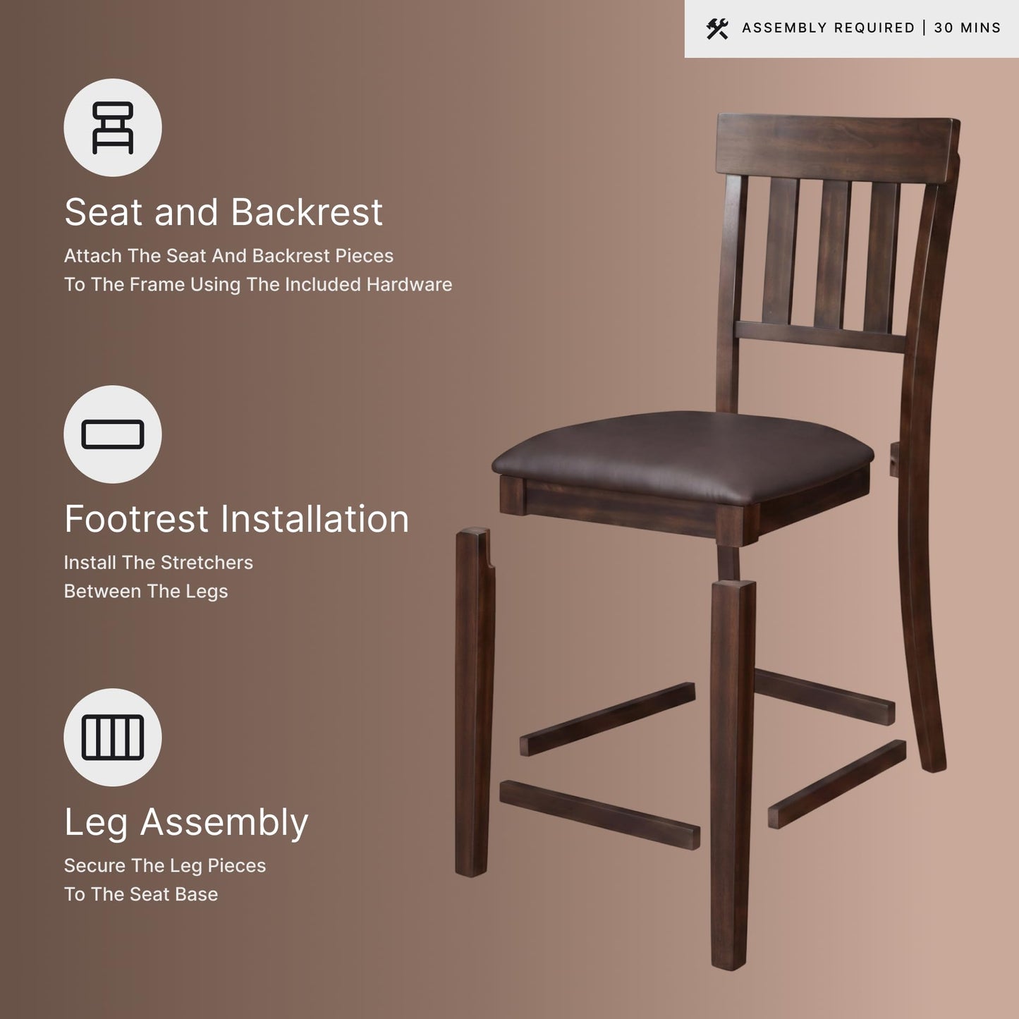 Signature Design by Ashley Haddigan Upholstered Barstool, 2 Count, Slat Back Design, Cushioned Seat, Wood, 25.5" H, Dark Brown